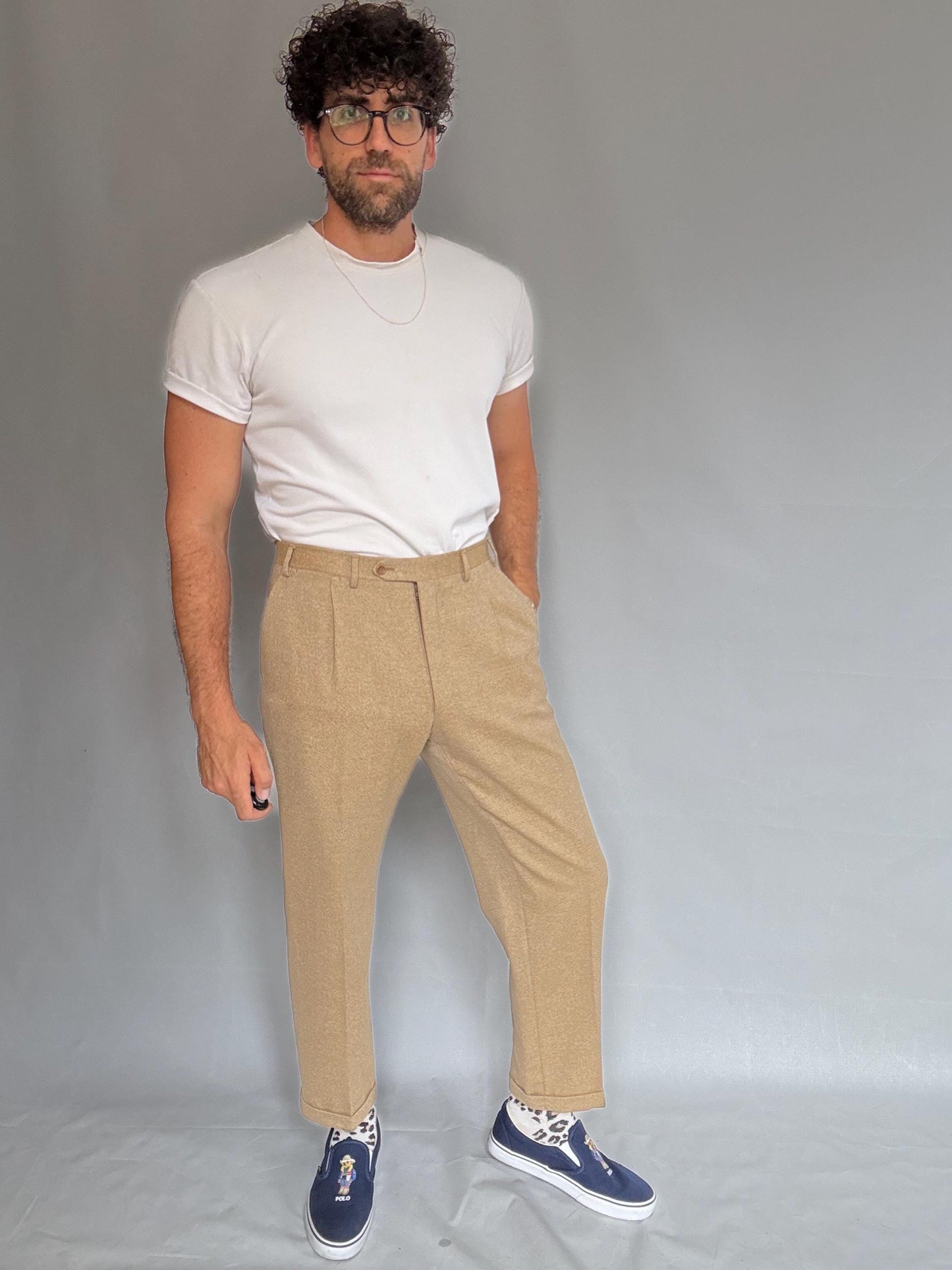Vintage Canali tan trousers, 100% pure new wool, classic tapered fit, made in italy, Woolmark certified, old money, US L, formal wear,zipper