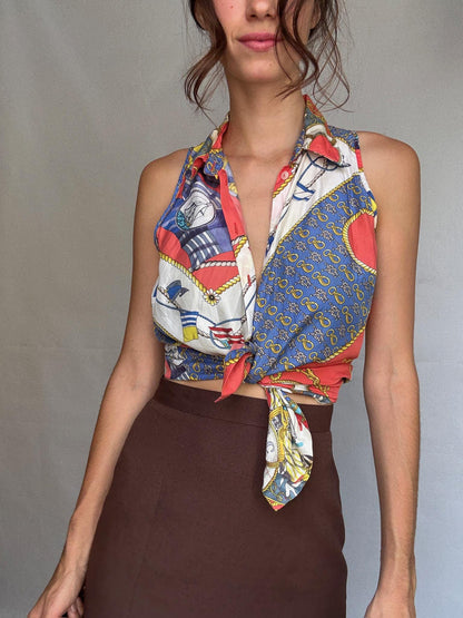 Vintage Nautical Print Tie Front Blouse