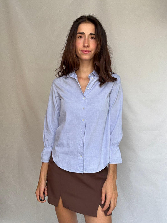 Elegant blue woman blouse, 100% cotton button up shirt with gathered cuffs, Luxe light academic Kate Middleton, Size XS - EU 34