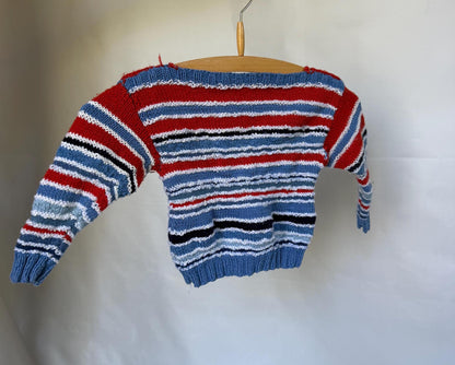 Retro 80s Handknit Striped Sweater, Colorful Red Blue, Child 2-3 Years