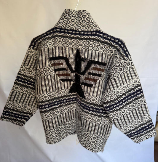 Handmade vintage nordic-inspired wool sweater, button up design, black inca bird, retro 90s style, winter streetwear