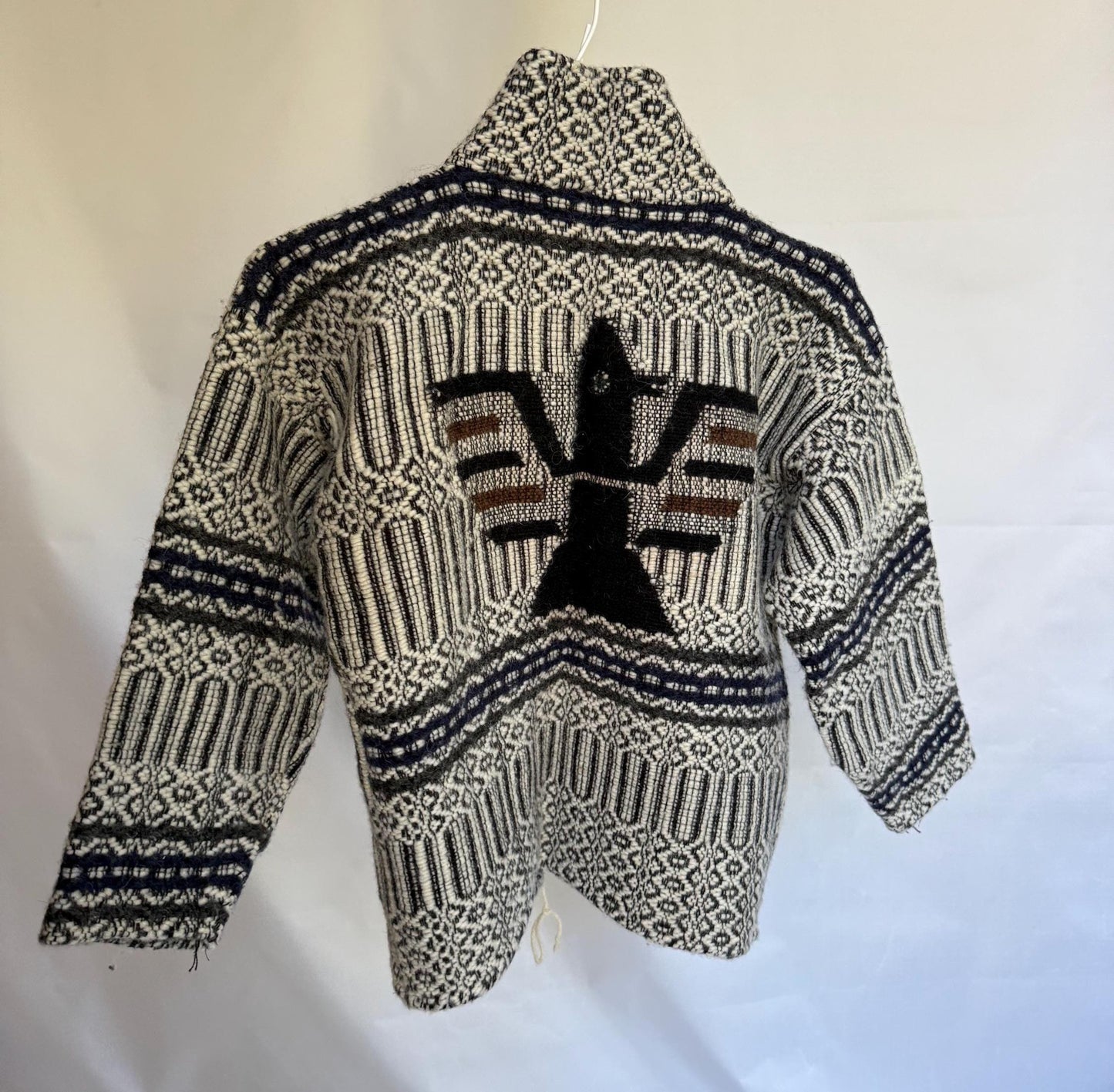 Handmade vintage nordic-inspired wool sweater, button up design, black inca bird, retro 90s style, winter streetwear