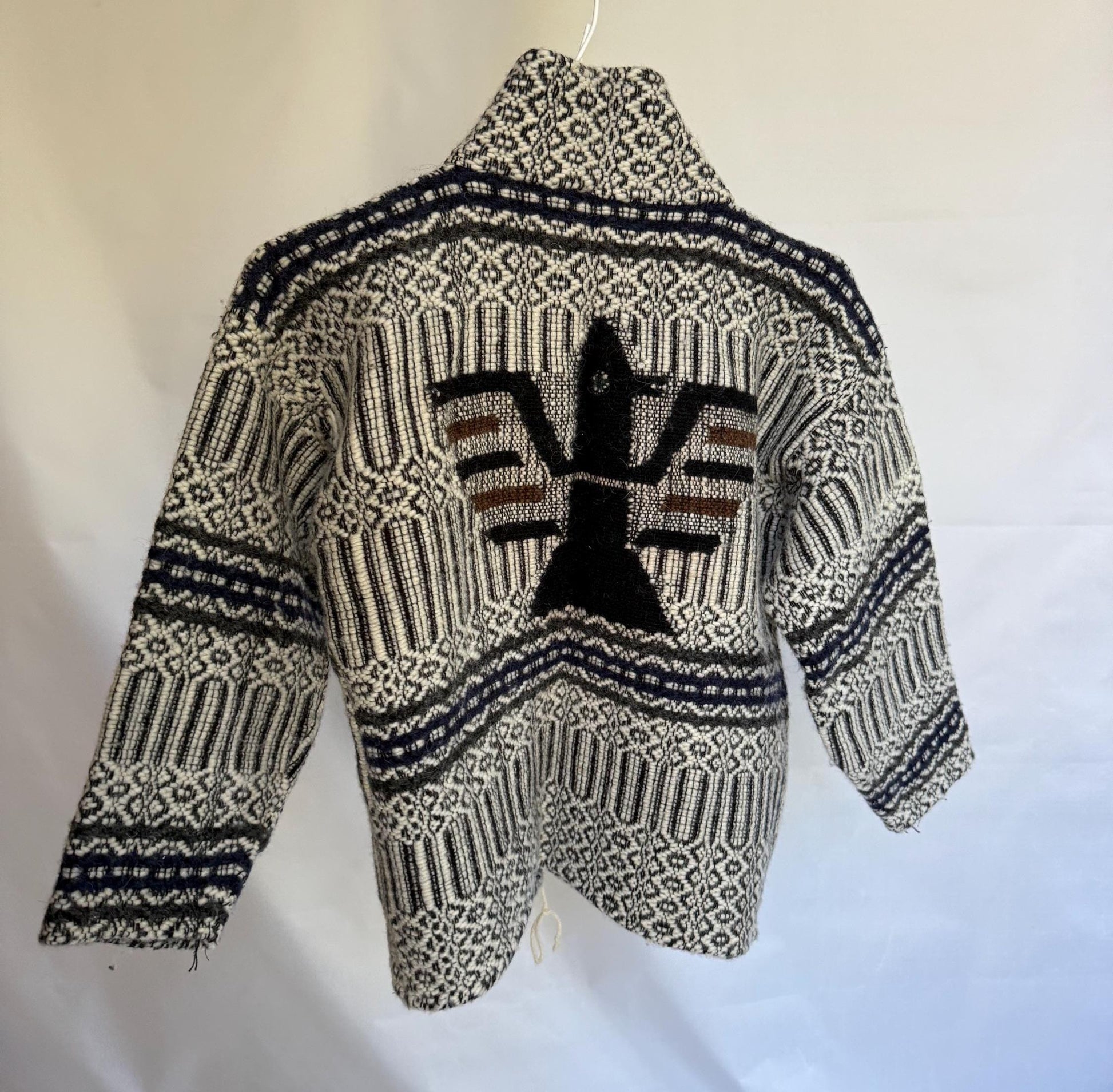 Handmade vintage nordic-inspired wool sweater, button up design, black inca bird, retro 90s style, winter streetwear