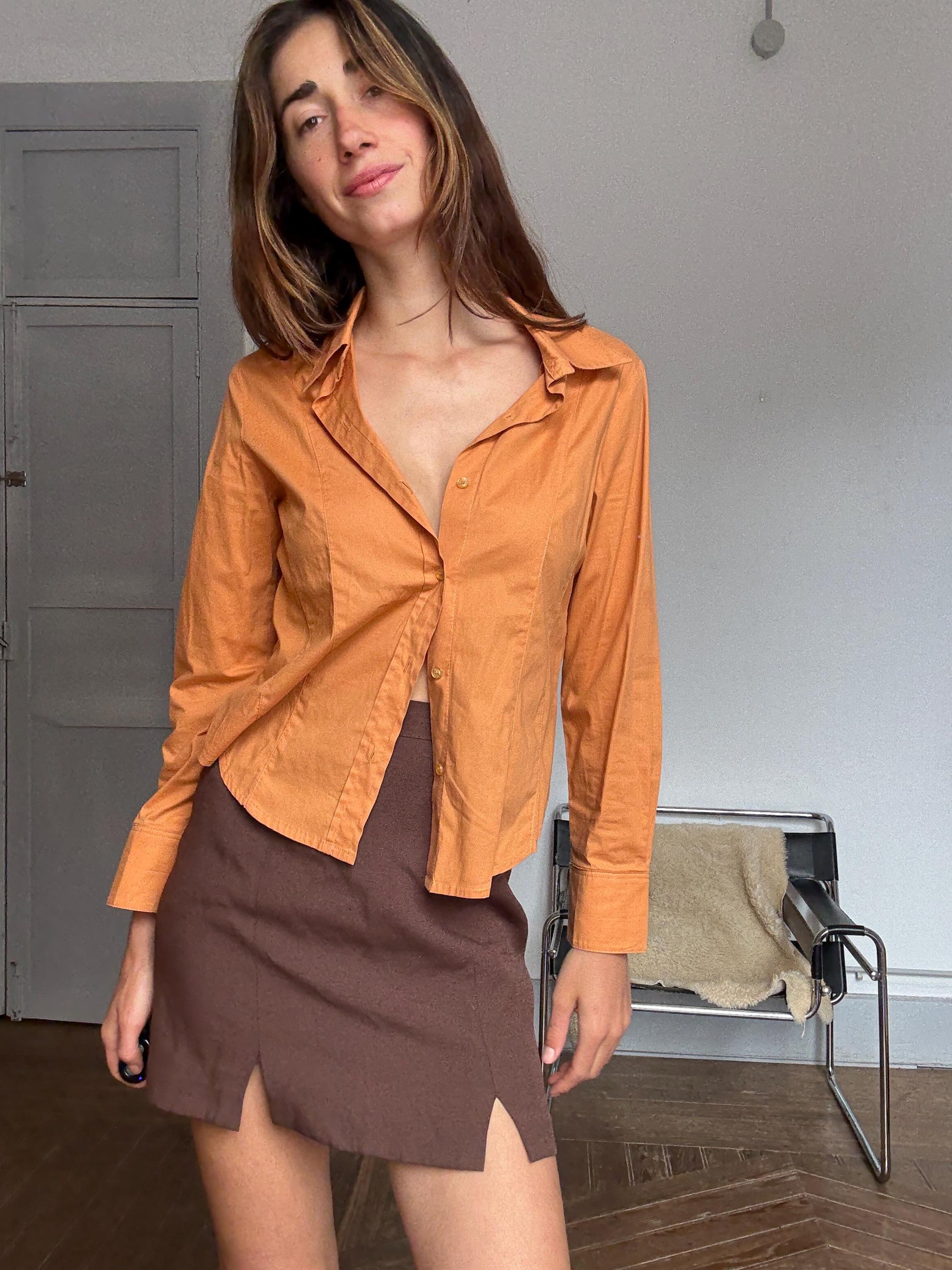 Y2K vintage orange button-down shirt – cotton stretch long sleeve top with tie front styling option (fits S-M)