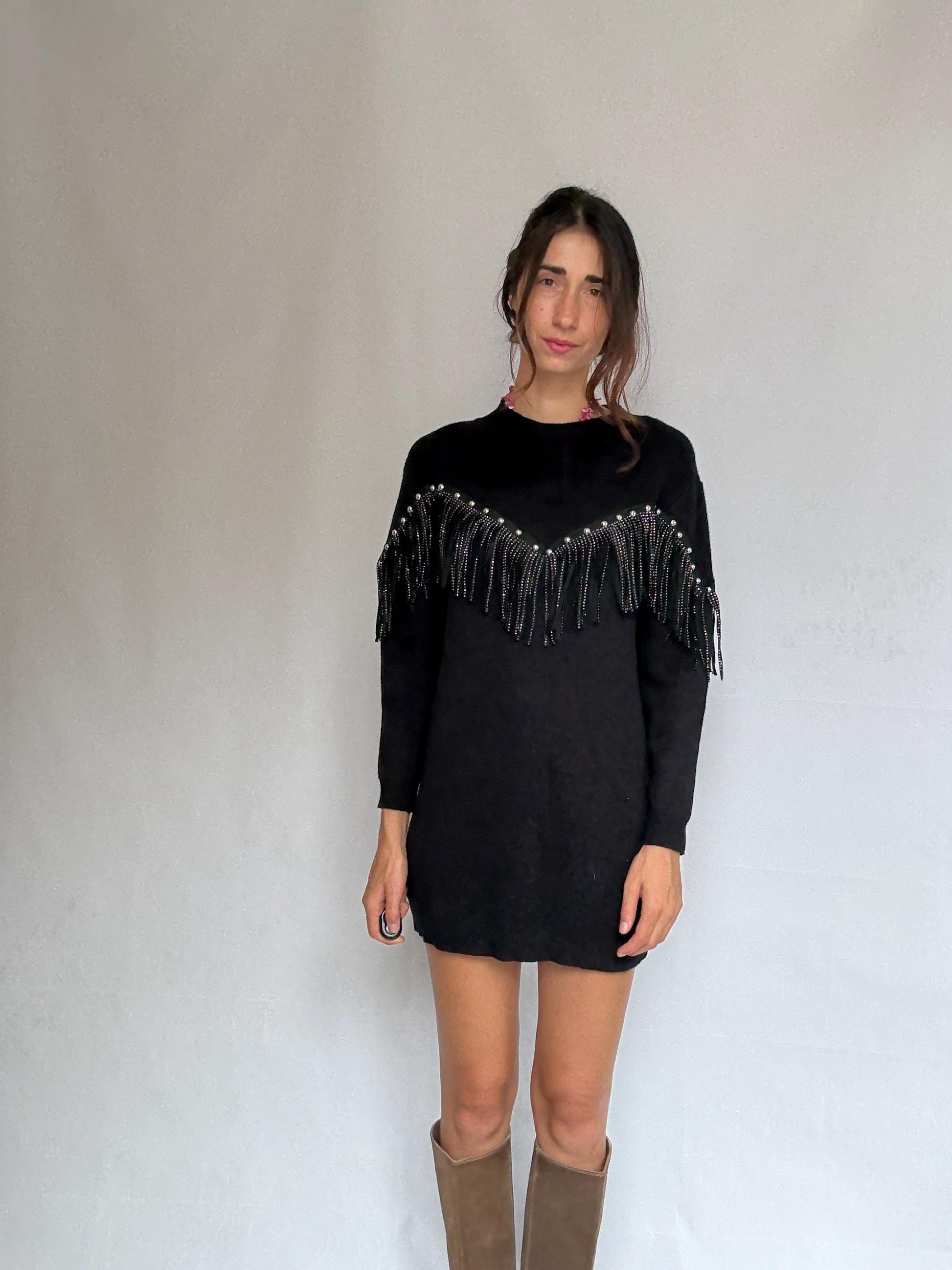Western black mini dress, Embellished fringe short spring dress, Retro 90s vintage wear