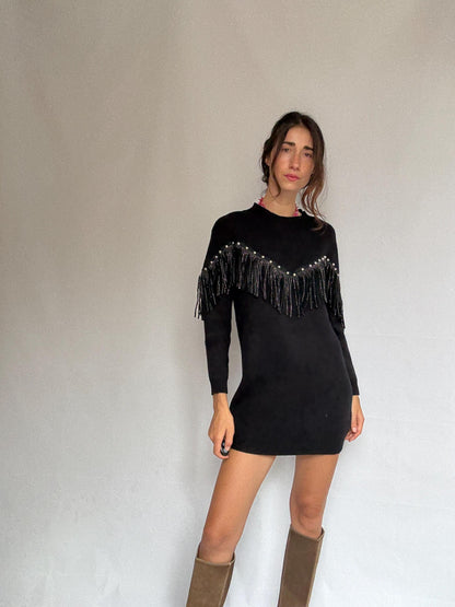 Western black mini dress, Embellished fringe short spring dress, Retro 90s vintage wear