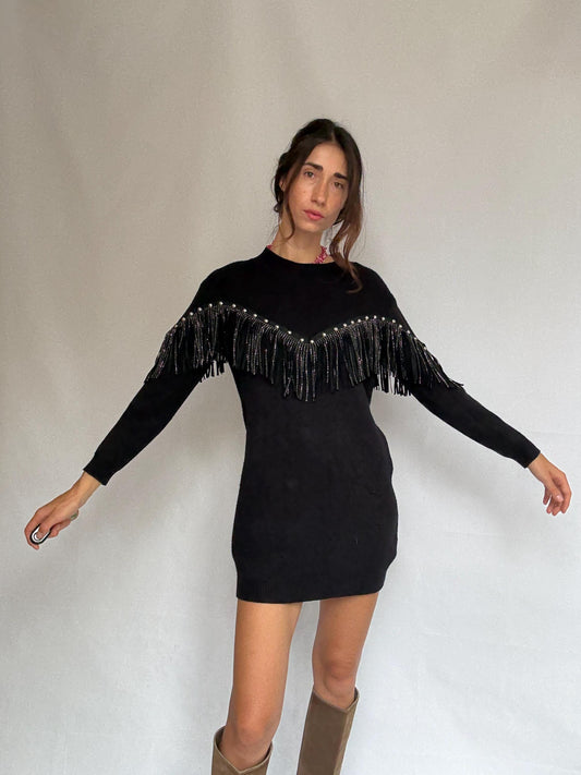 Western black mini dress, Embellished fringe short spring dress, Retro 90s vintage wear, party going out outfit