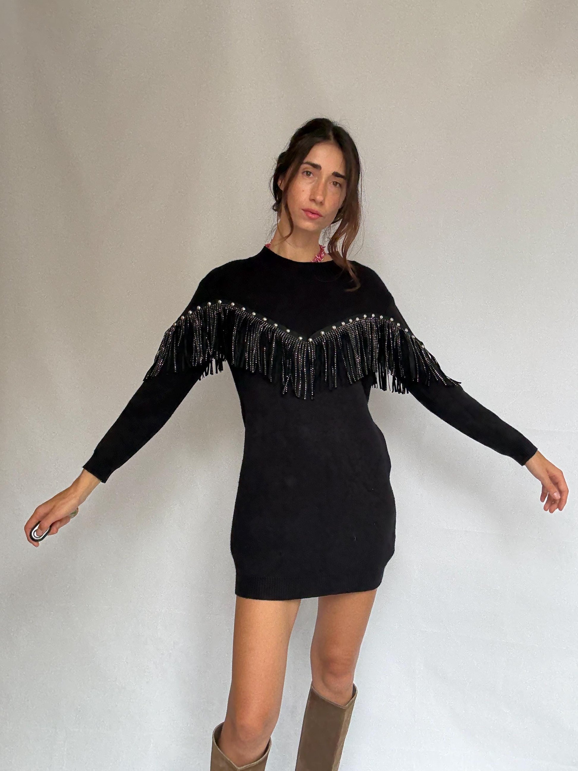 Western black mini dress, Embellished fringe short spring dress, Retro 90s vintage wear