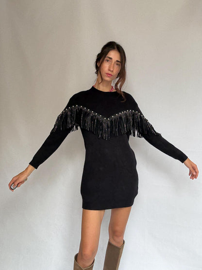 Western black mini dress, Embellished fringe short spring dress, Retro 90s vintage wear