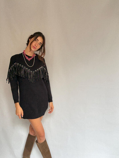 Western black mini dress, Embellished fringe short spring dress, Retro 90s vintage wear