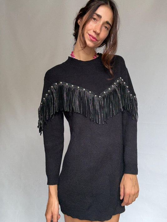 Western black mini dress, Embellished fringe short spring dress, Retro 90s vintage wear, party going out outfit