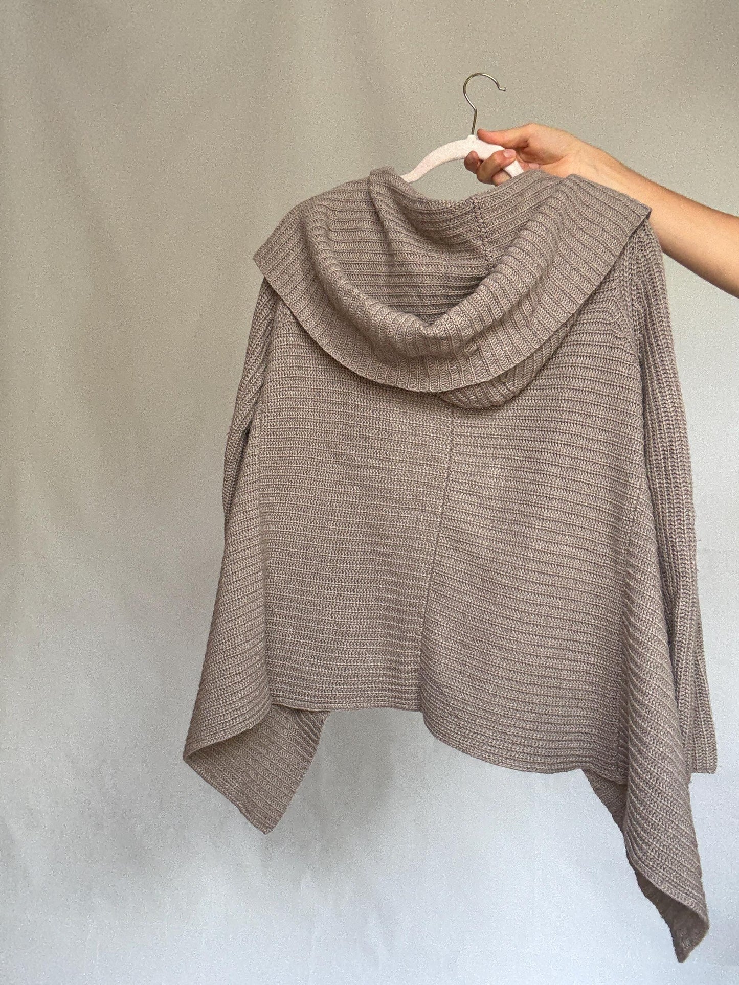 Massimo Dutti taupe hooded cardigan, wool angora cashmere blend, loose fit, ribbed open front, minimalist chic, US L, cozy casual wear