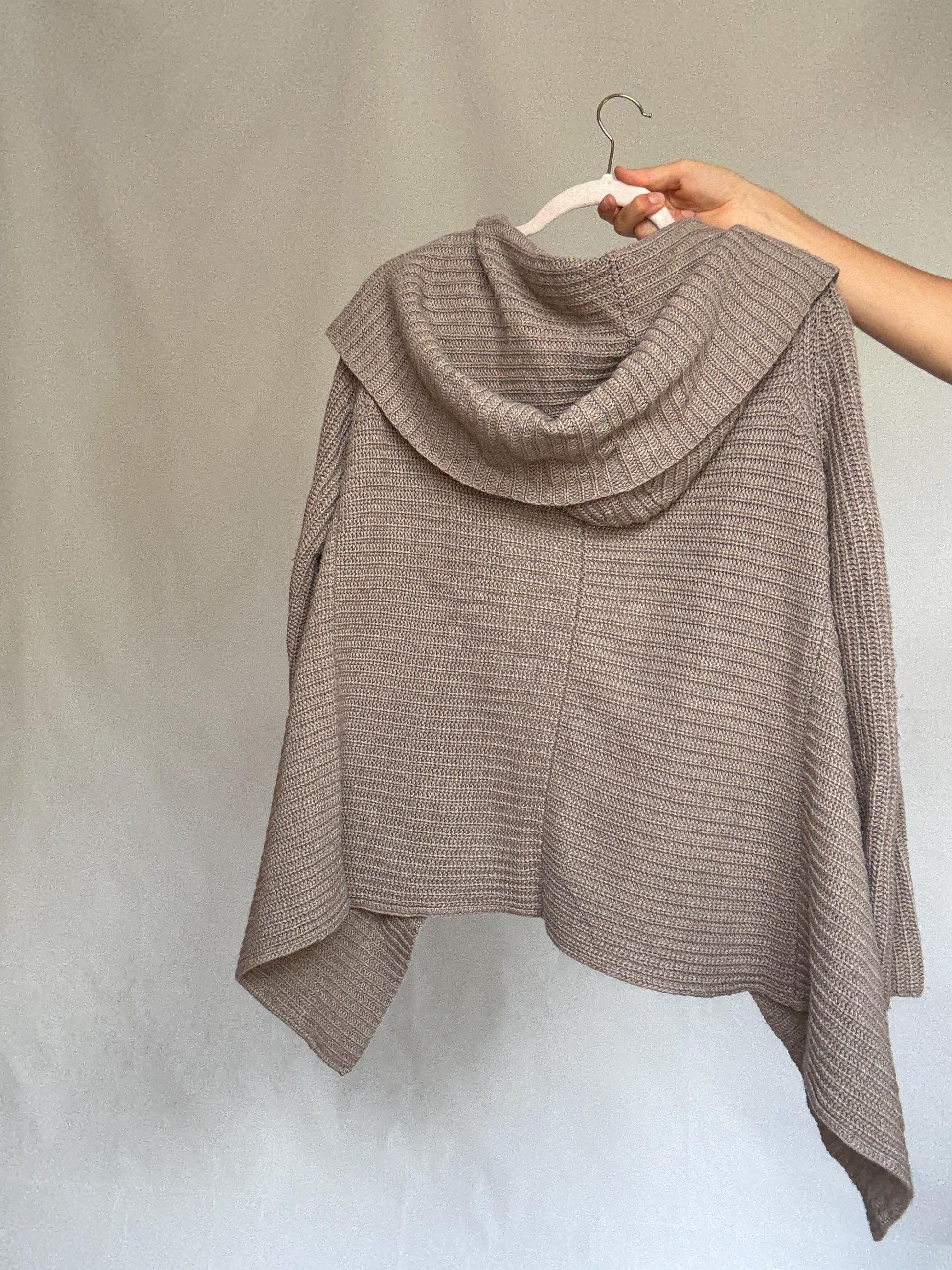 Massimo Dutti taupe hooded cardigan, wool angora cashmere blend, loose fit, ribbed open front, minimalist chic, US L, cozy casual wear