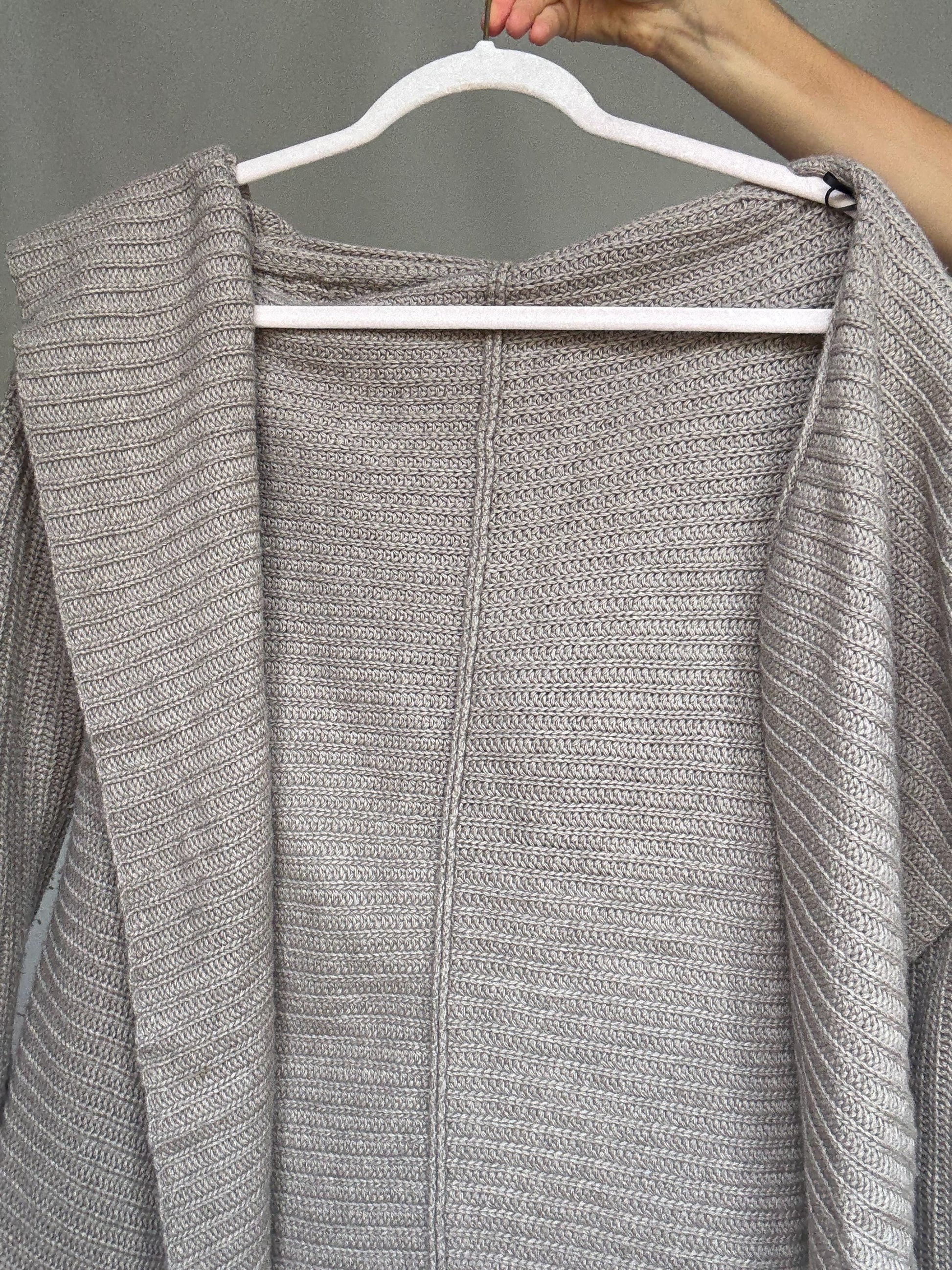 Massimo Dutti taupe hooded cardigan, wool angora cashmere blend, loose fit, ribbed open front, minimalist chic, US L, cozy casual wear