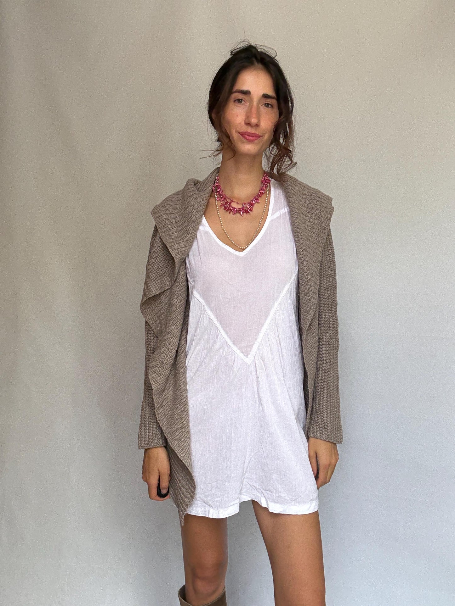 Massimo Dutti taupe hooded cardigan, wool angora cashmere blend, loose fit, ribbed open front, minimalist chic, US L, cozy casual wear