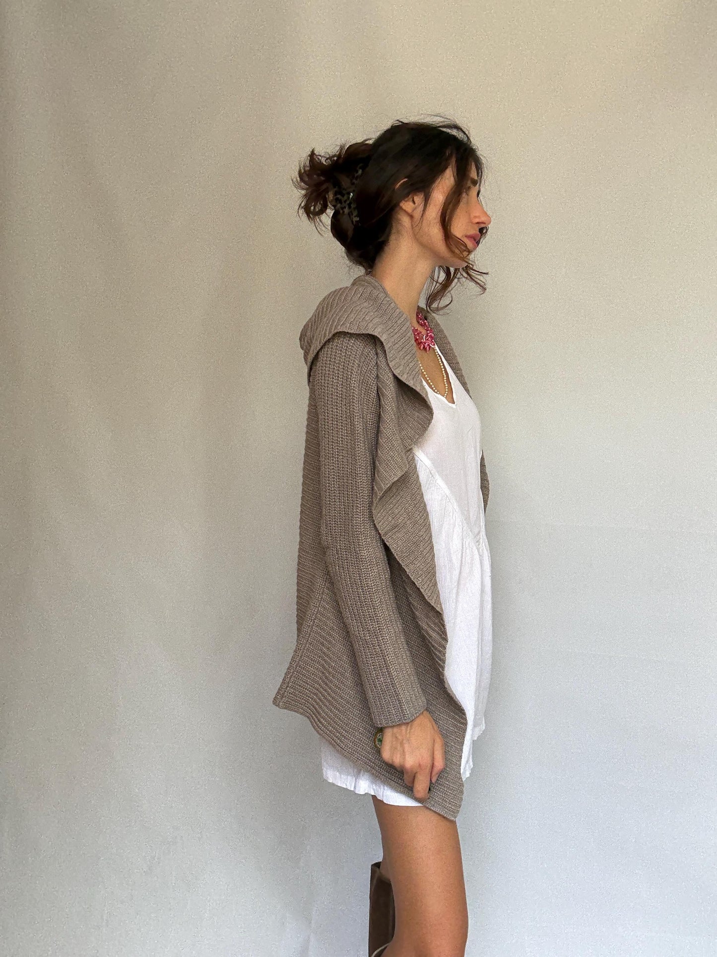 Massimo Dutti taupe hooded cardigan, wool angora cashmere blend, loose fit, ribbed open front, minimalist chic, US L, cozy casual wear