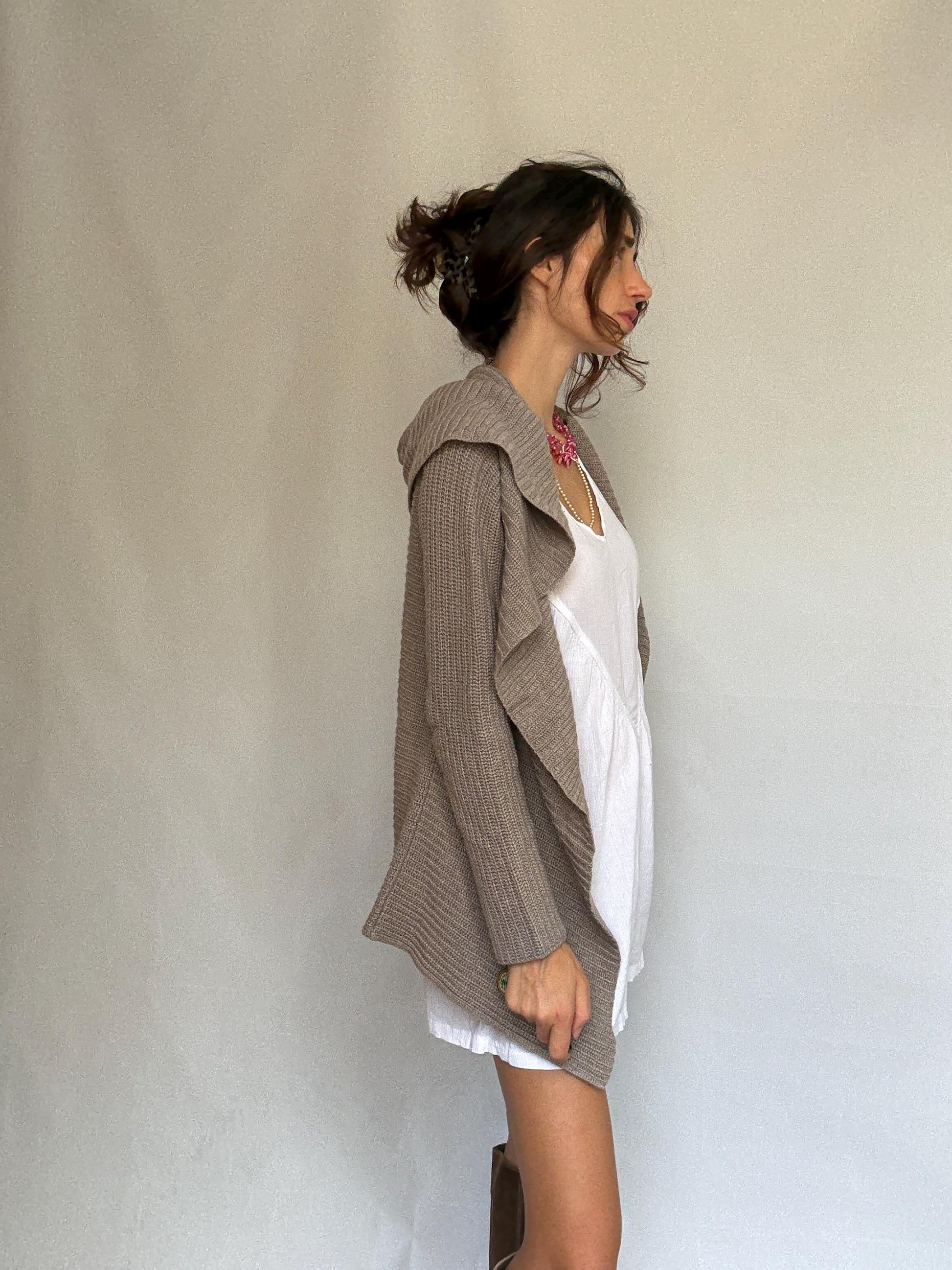 Massimo Dutti taupe hooded cardigan, wool angora cashmere blend, loose fit, ribbed open front, minimalist chic, US L, cozy casual wear