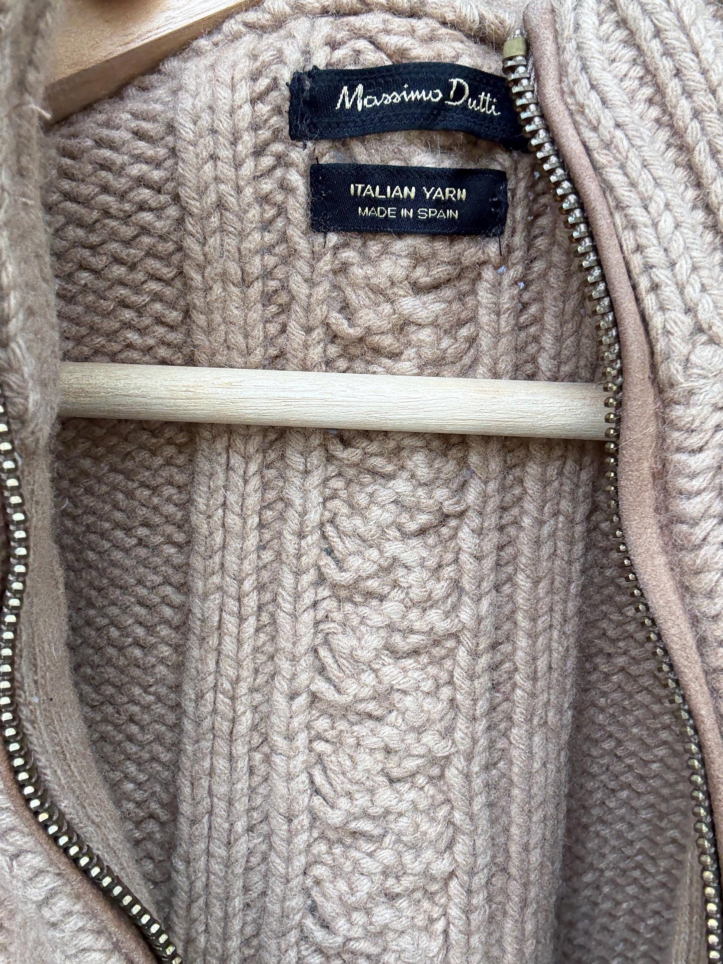 Massimo Dutti beige knit vest, wool Italian yarn, fitted silhouette, cable knit pattern, high ribbed collar, elegant Timothée Chalamet vibe