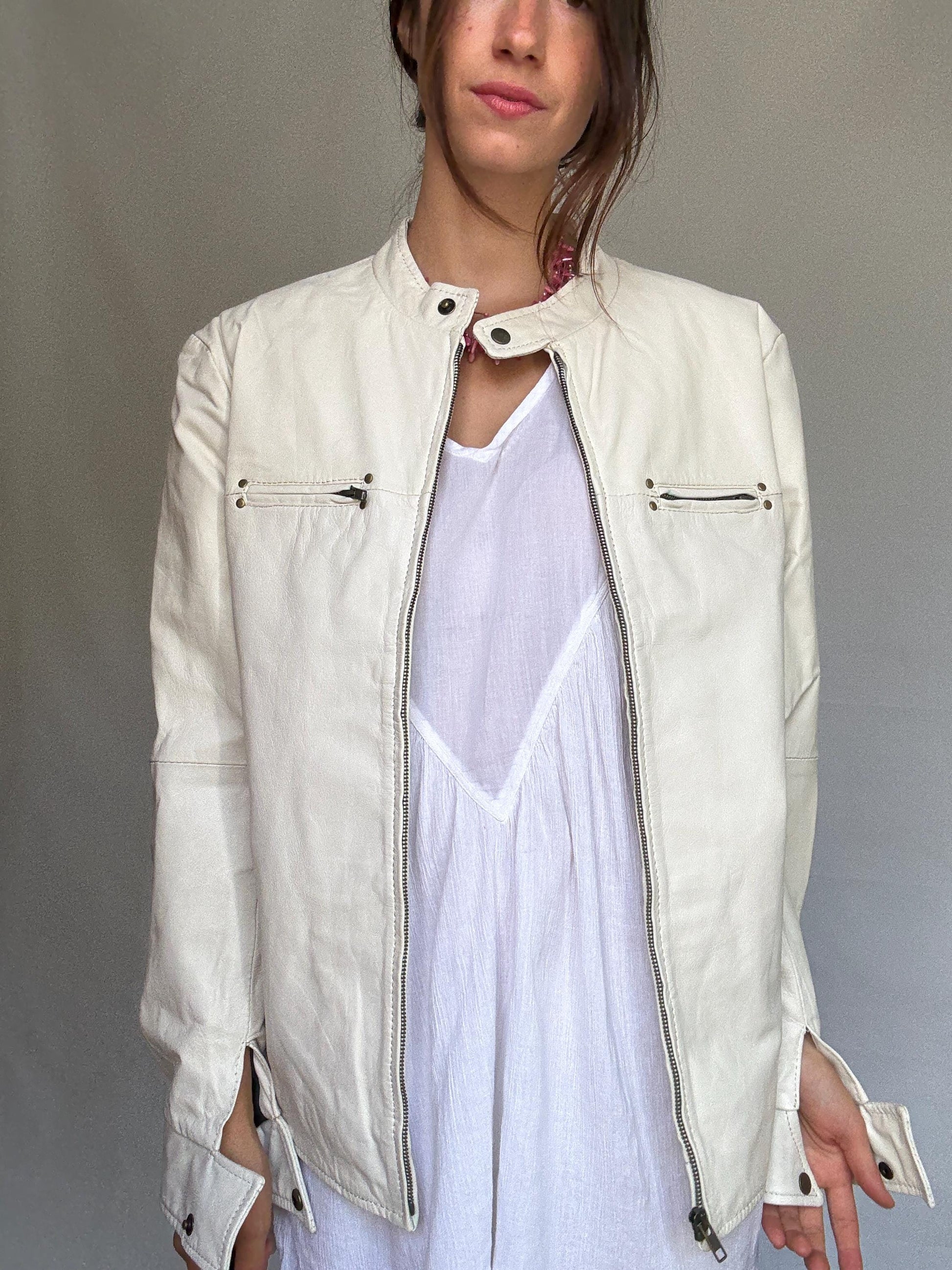 White leather jacket, genuine goat leather, minimalist design, high collar, zippered pockets, streetwear Rooney Mara, Men US L