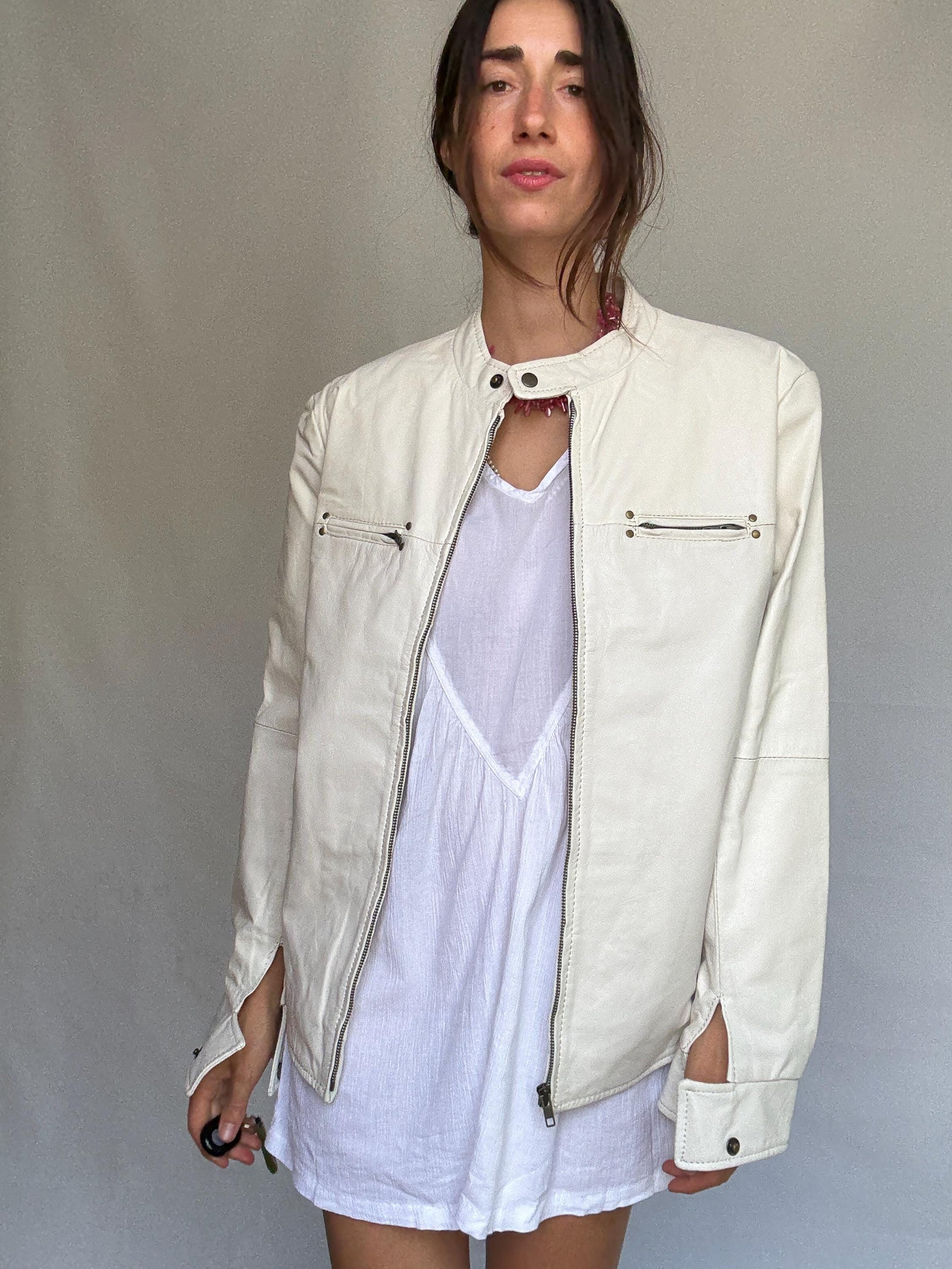 White leather jacket, genuine goat leather, minimalist design, high collar, zippered pockets, streetwear Rooney Mara, Men US L