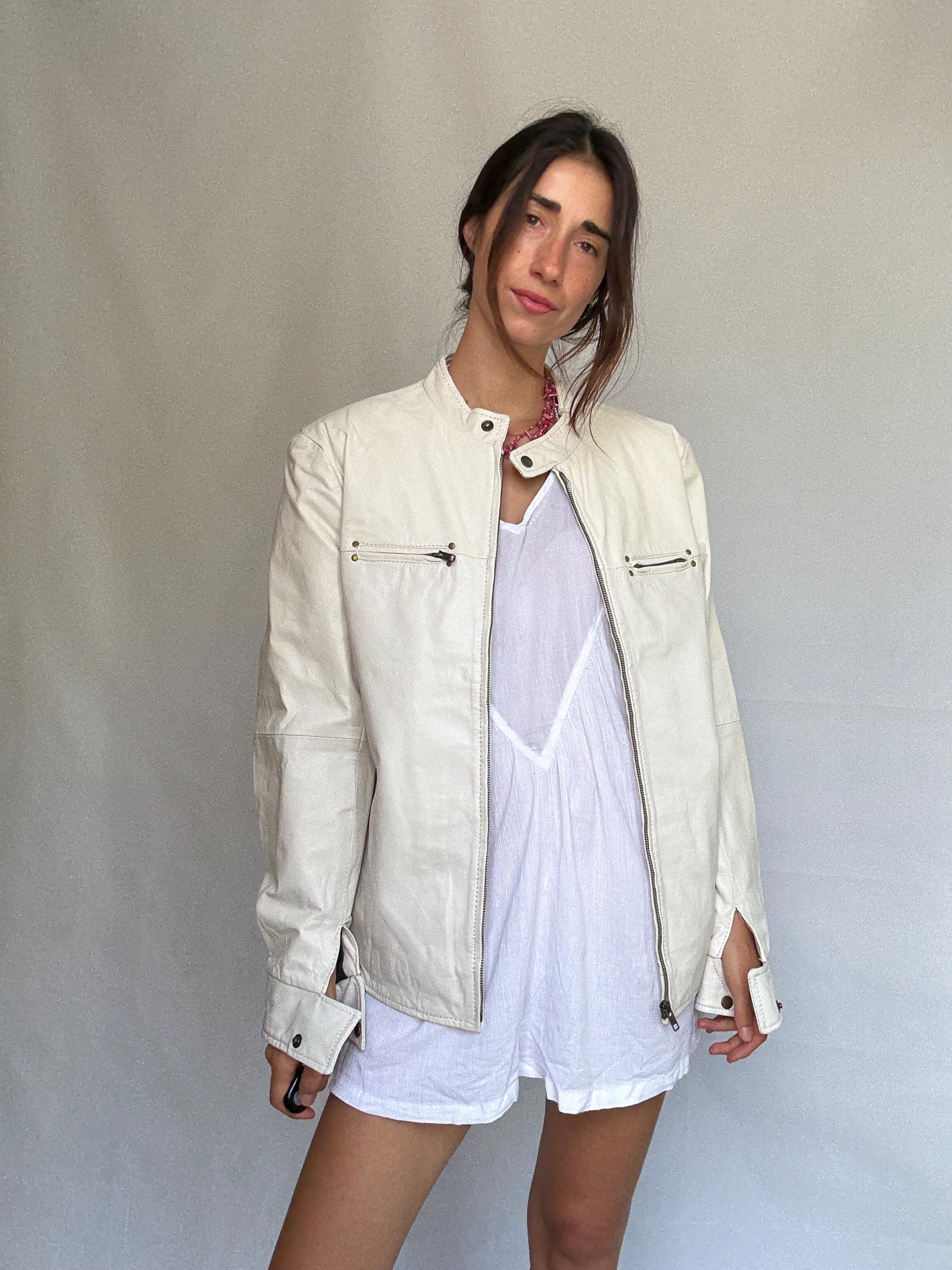 White leather jacket, genuine goat leather, minimalist design, high collar, zippered pockets, streetwear Rooney Mara, Men US L