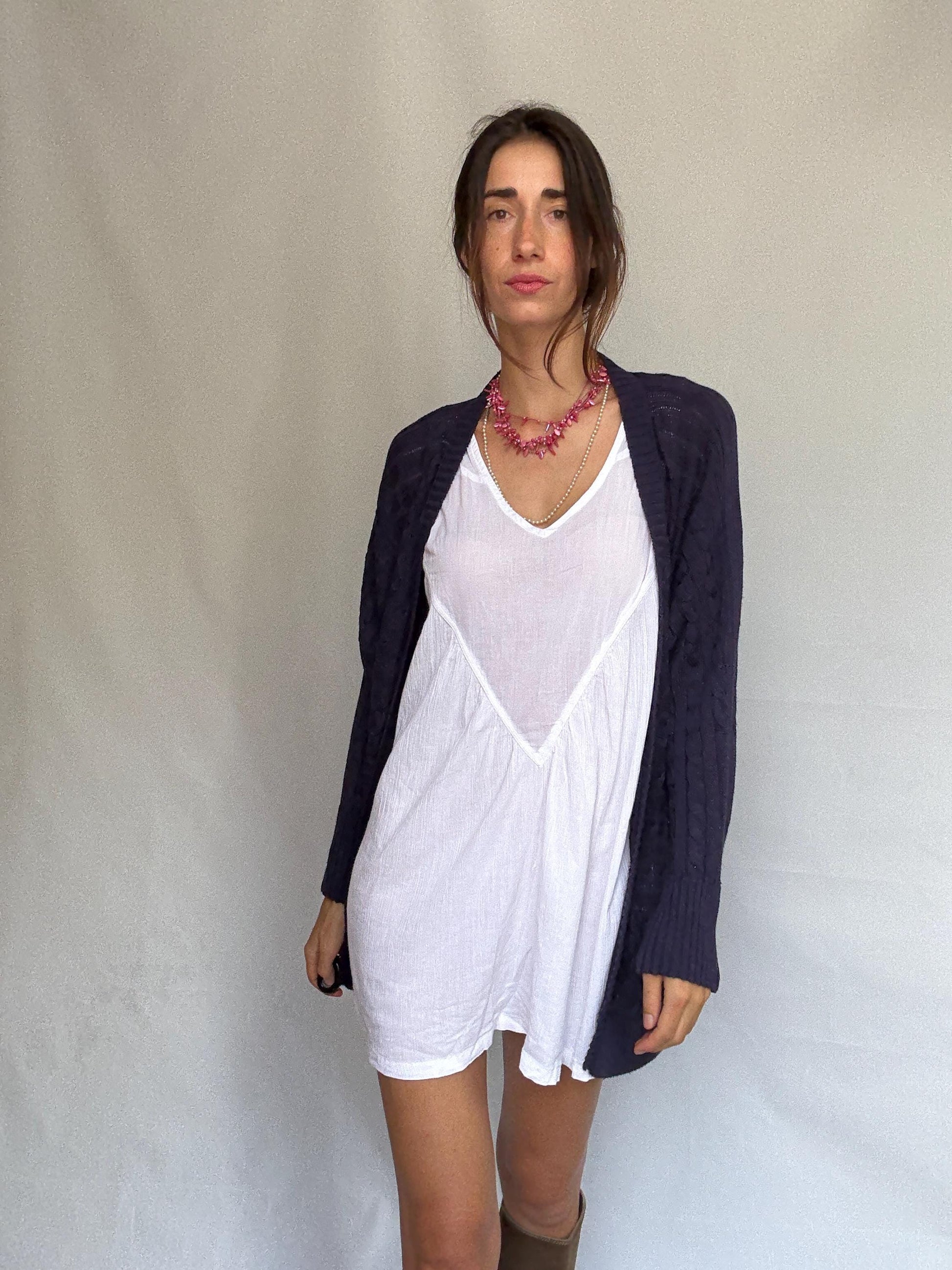 Massimo Dutti dark knit cardigan, viscose blend feel, open front, Italian yarn cable knit pattern, casual chic, US M, versatile layering