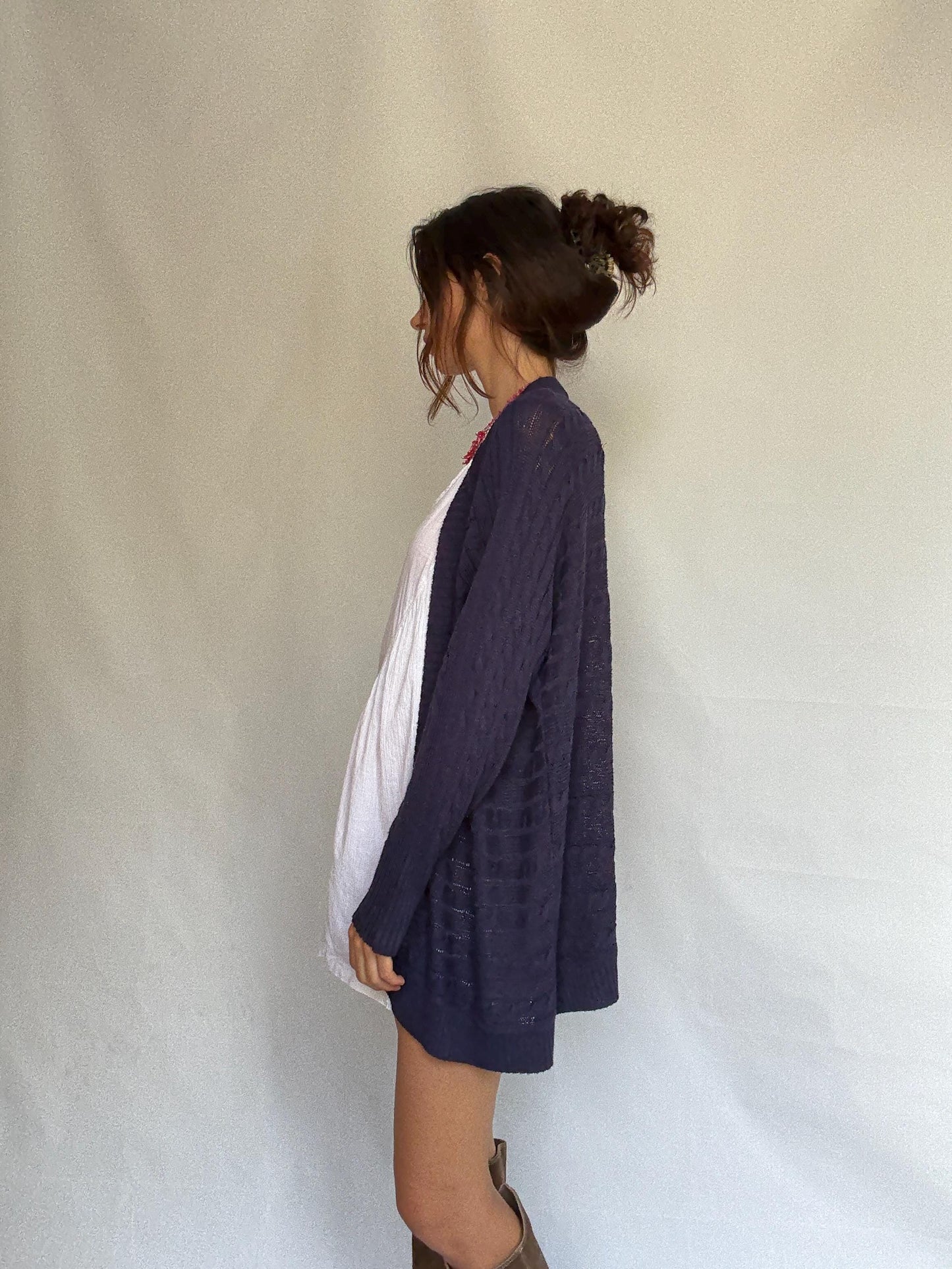 Massimo Dutti dark knit cardigan, viscose blend feel, open front, Italian yarn cable knit pattern, casual chic, US M, versatile layering