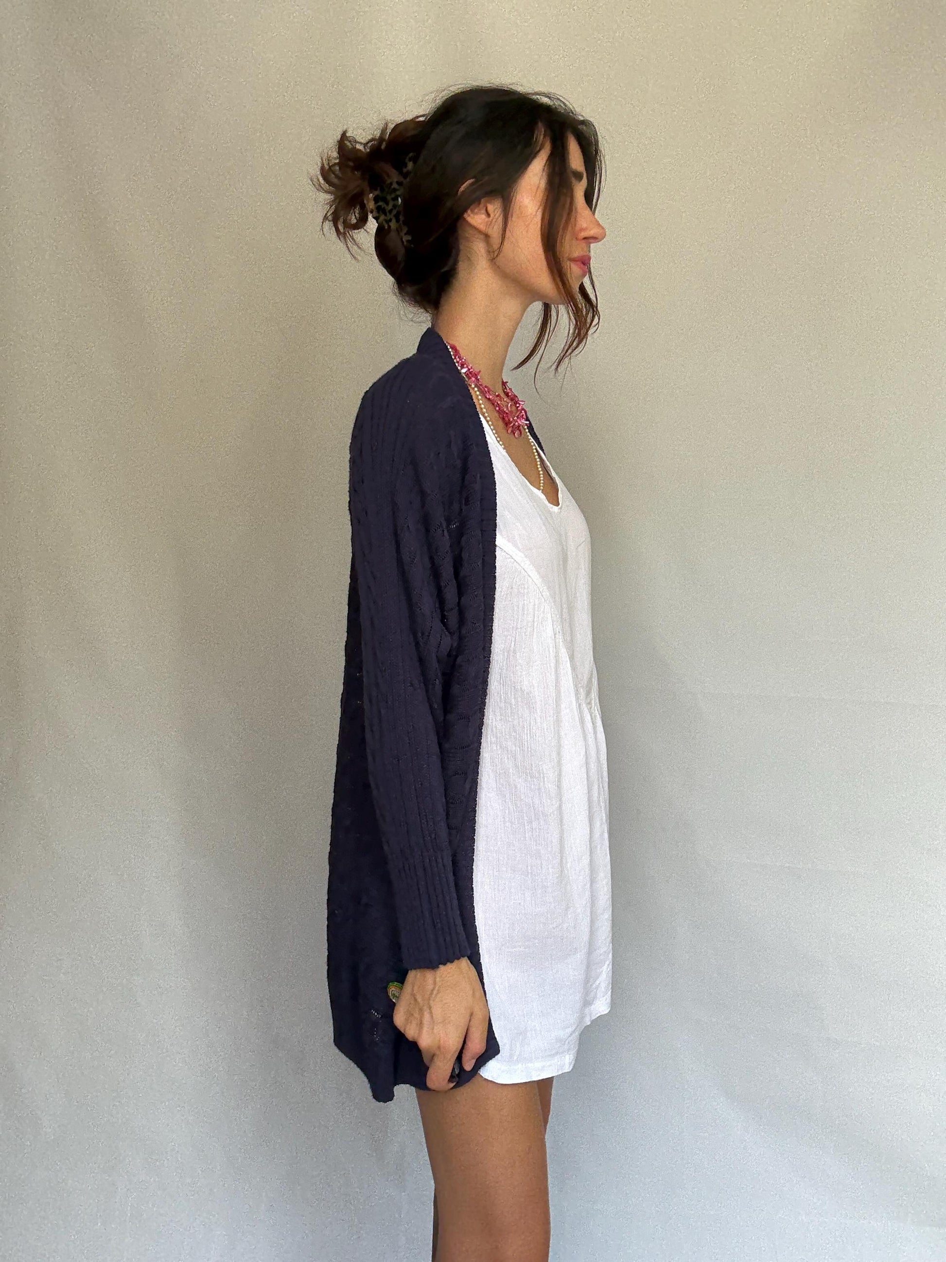 Massimo Dutti dark knit cardigan, viscose blend feel, open front, Italian yarn cable knit pattern, casual chic, US M, versatile layering