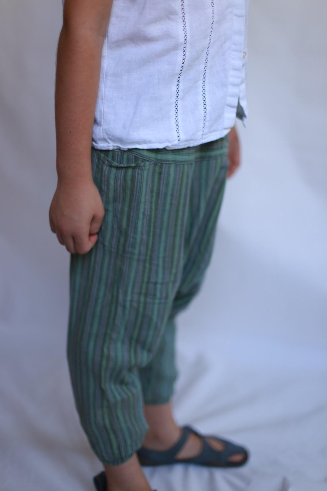 Children's green striped hippy pants, cotton, relaxed fit, elastic waistband with drawstring, retro 70s, US XXL Kids, casual playtime