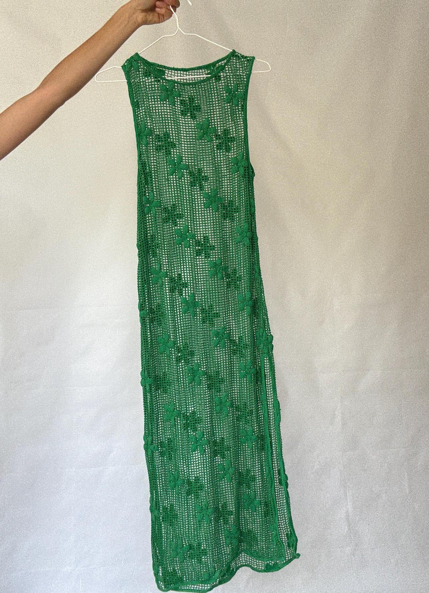 Green sexy crochet maxi dress with side splits, floral crochet design long summer dress, bohemian, US M, summer beachwear