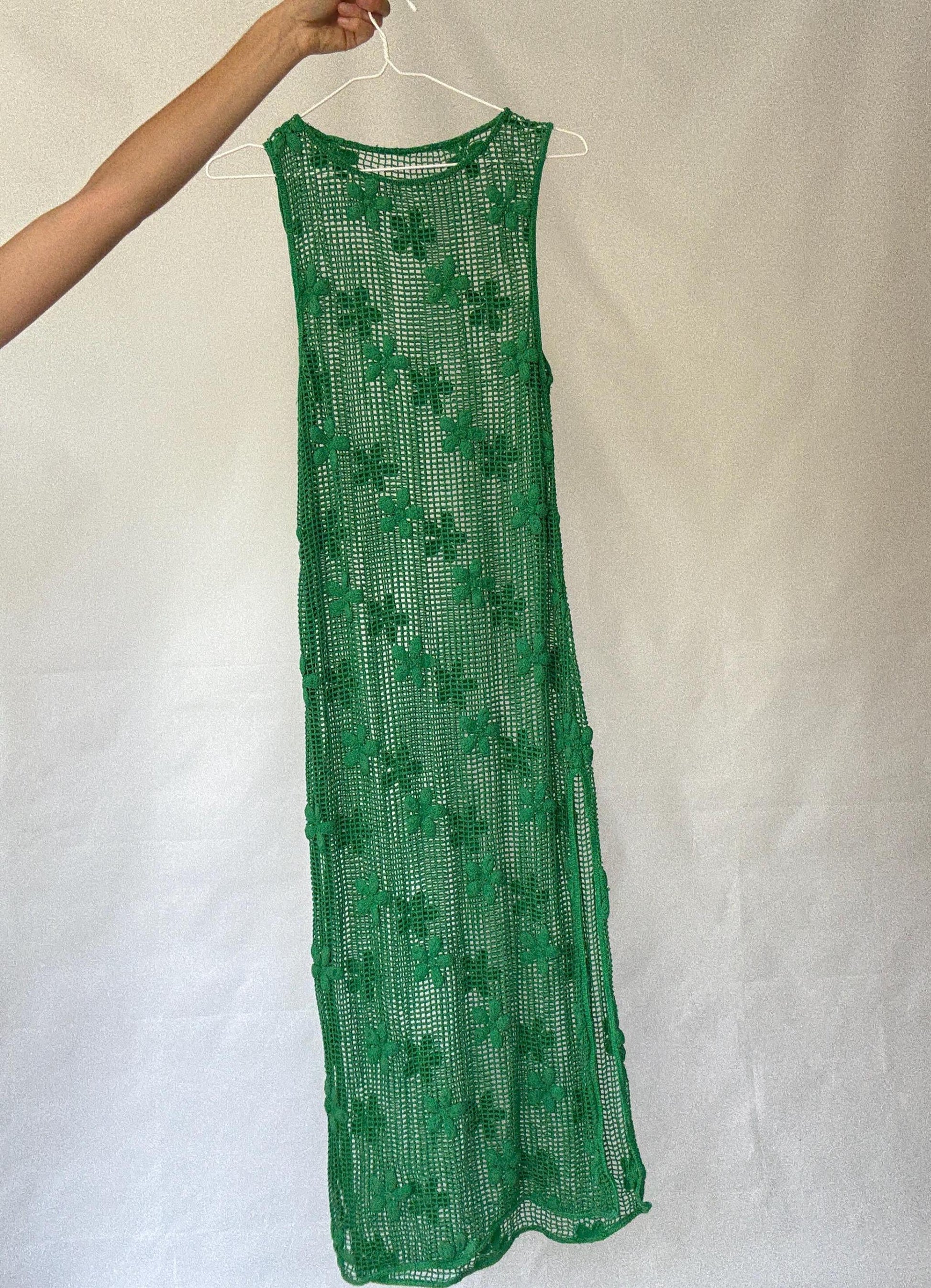 Green sexy crochet maxi dress with side splits, floral crochet design long summer dress, bohemian, US M, summer beachwear