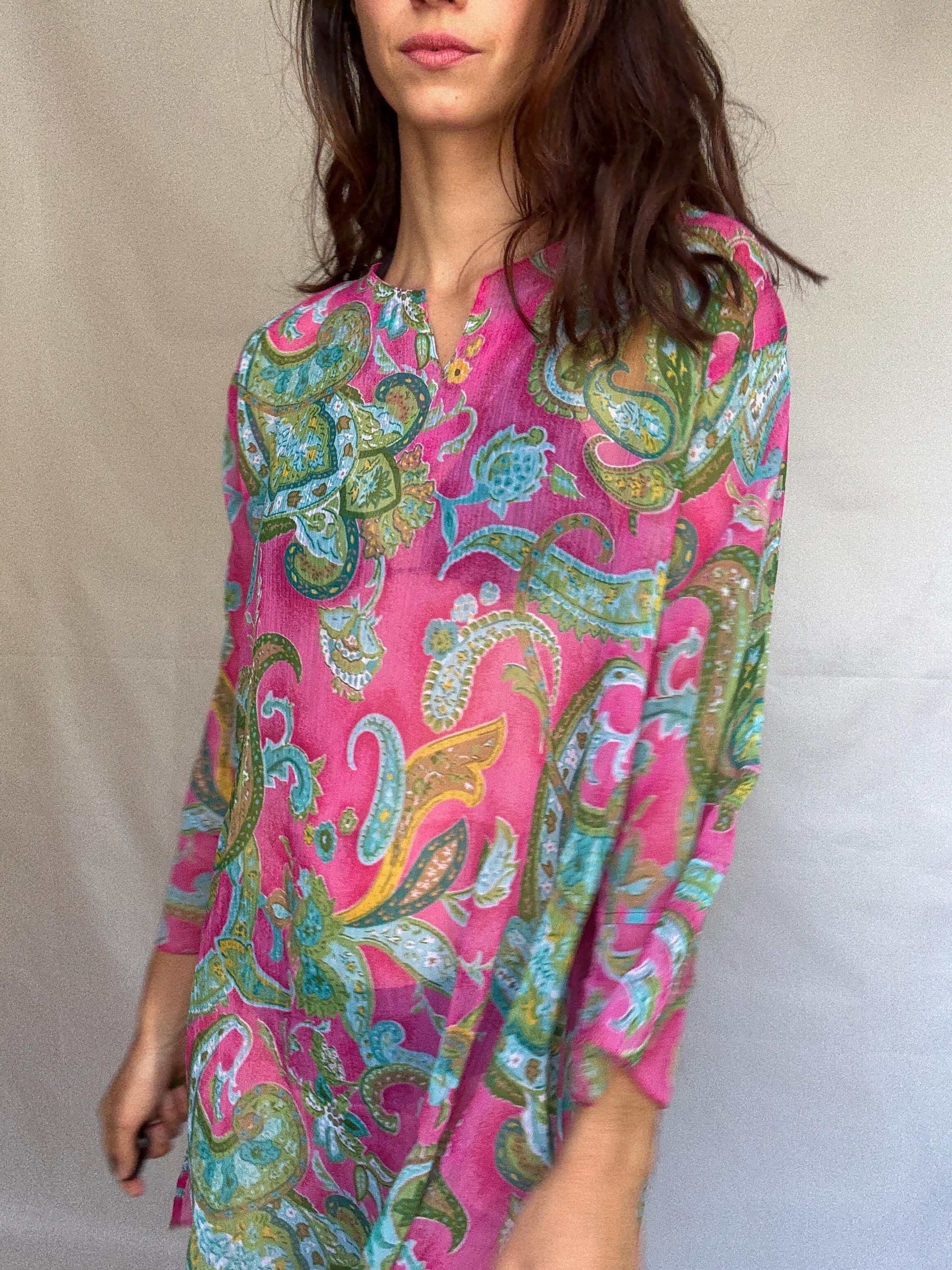 Vibrant paisley sheer dress with flowy fit, bohemian see through pool wear, Pool party outfit, Summer vacation beach style, US M