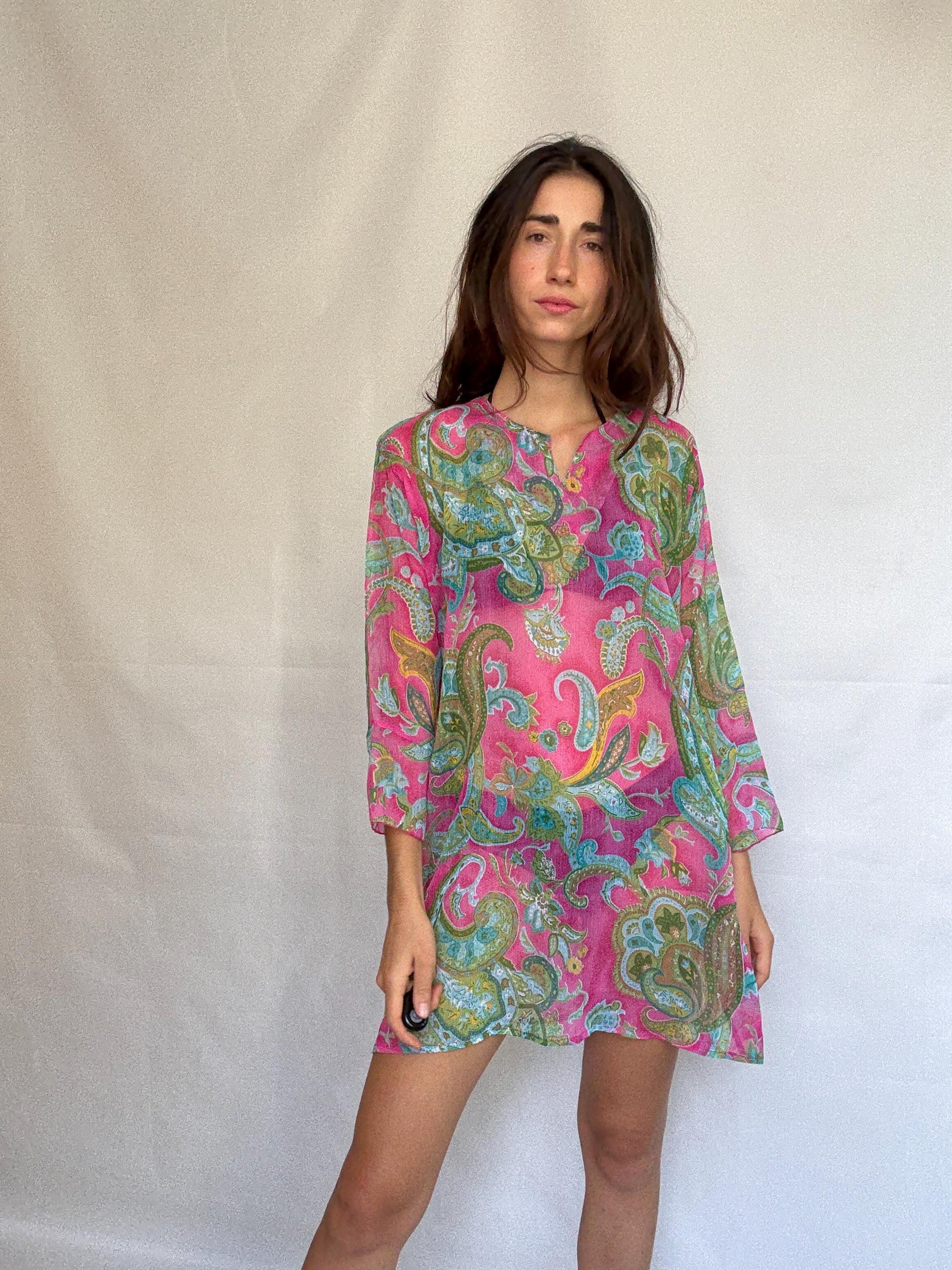 Vibrant paisley sheer dress with flowy fit, bohemian see through pool wear, Pool party outfit, Summer vacation beach style, US M