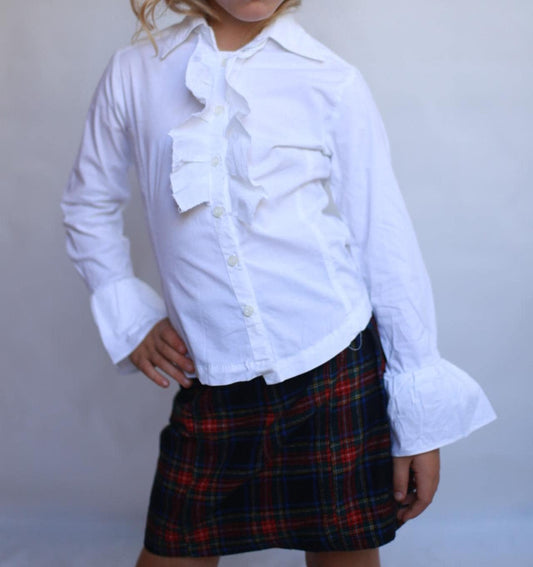 Jil and Sil white shirt, cotton blend, straight fit, button front with ruffles, flared cuffs, elegant touch, US 4, formal occasions, EU 94