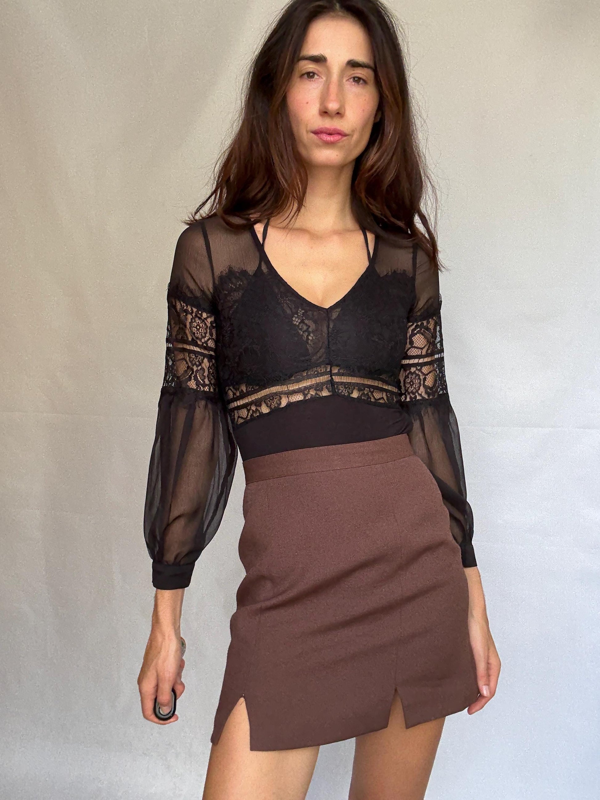 Morgan de Toi black lace bodysuit, Sexy sheer body, Elegant v- neckline see through top, , US XS, party eveningwear