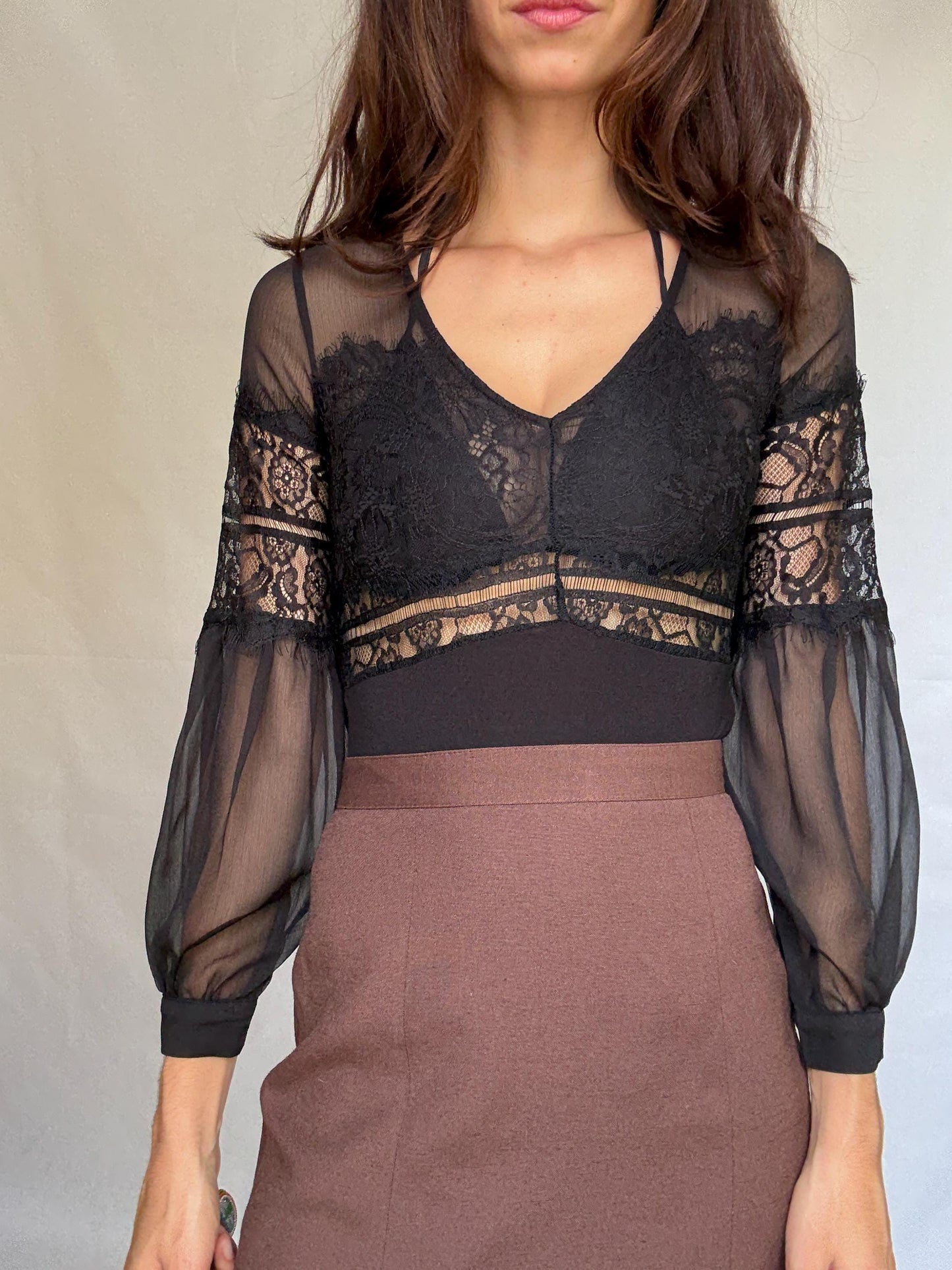 Morgan de Toi black lace bodysuit, Sexy sheer body, Elegant v- neckline see through top, , US XS, party eveningwear