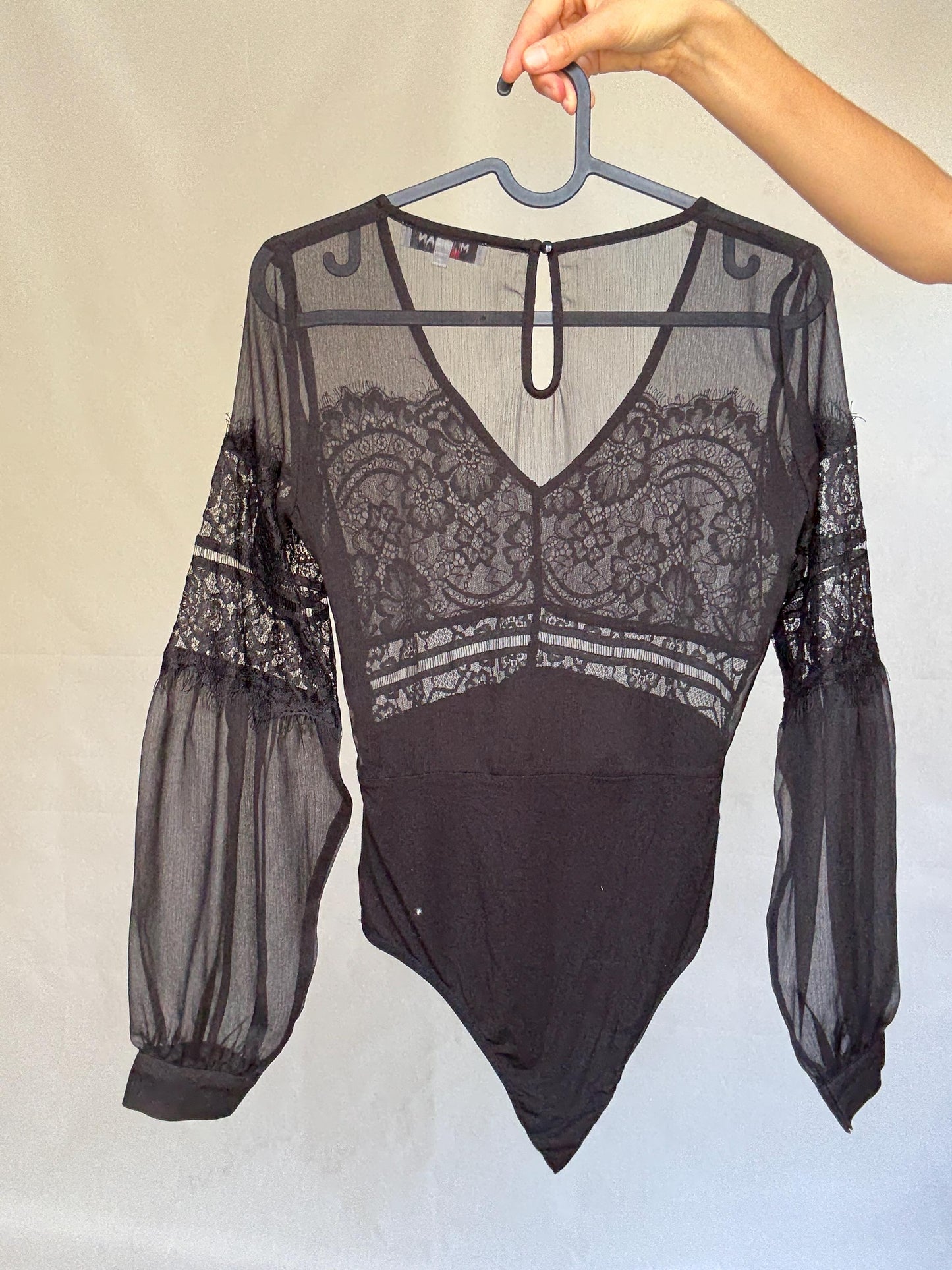 Morgan de Toi black lace bodysuit, Sexy sheer body, Elegant v- neckline see through top, , US XS, party eveningwear