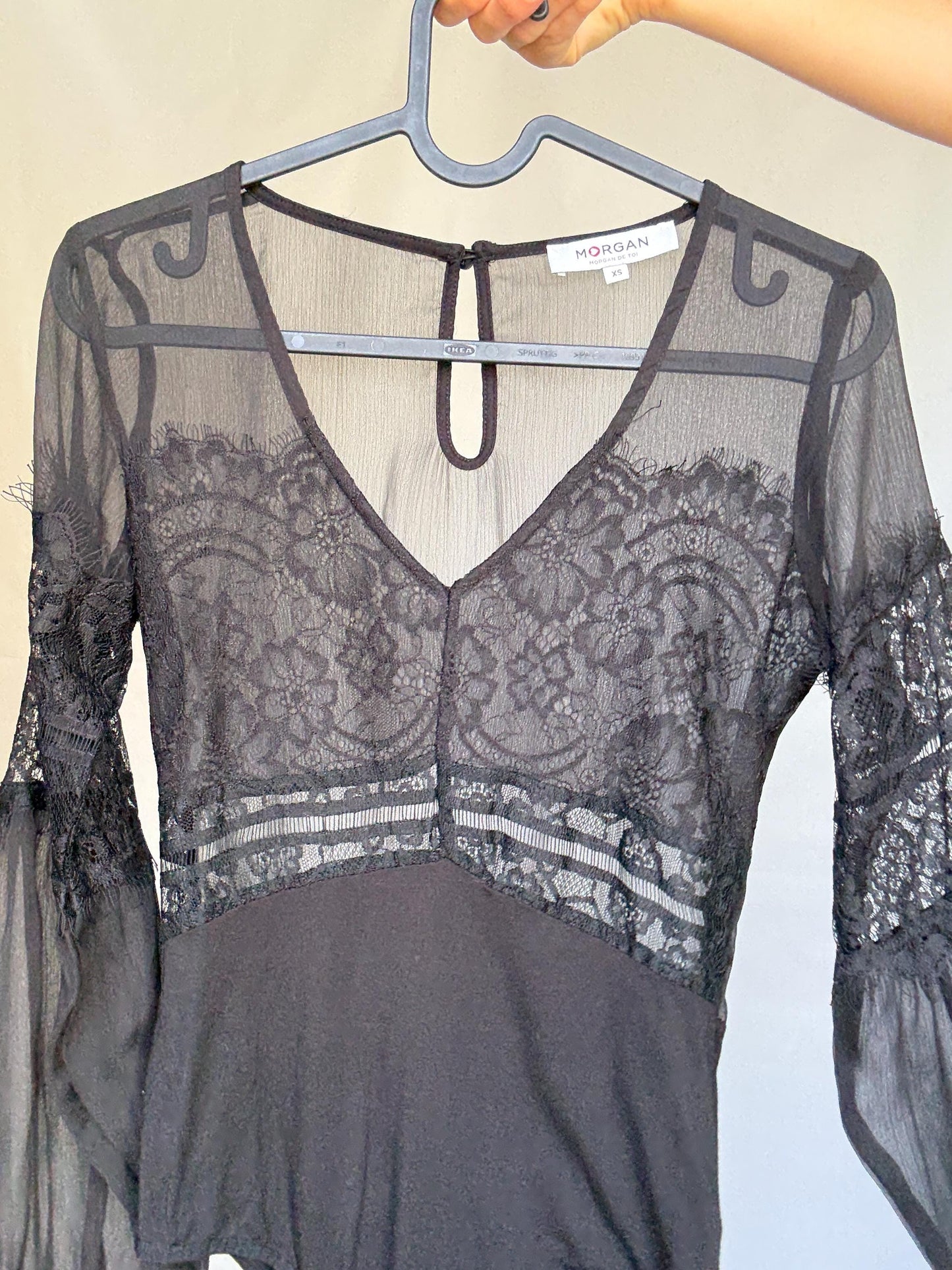 Morgan de Toi black lace bodysuit, Sexy sheer body, Elegant v- neckline see through top, , US XS, party eveningwear