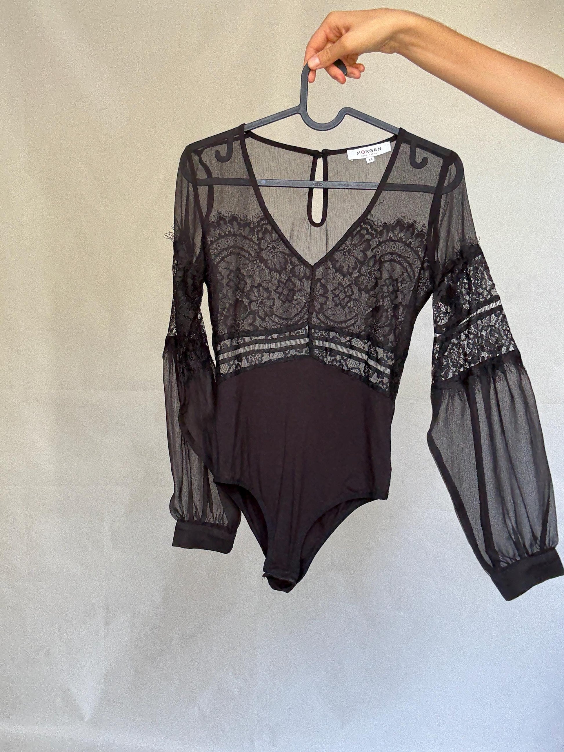 Morgan de Toi black lace bodysuit, Sexy sheer body, Elegant v- neckline see through top, , US XS, party eveningwear