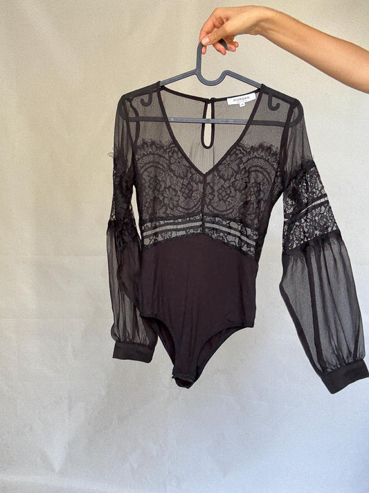 Morgan de Toi black lace bodysuit, Sexy sheer body, Elegant v- neckline see through top, , US XS, party eveningwear