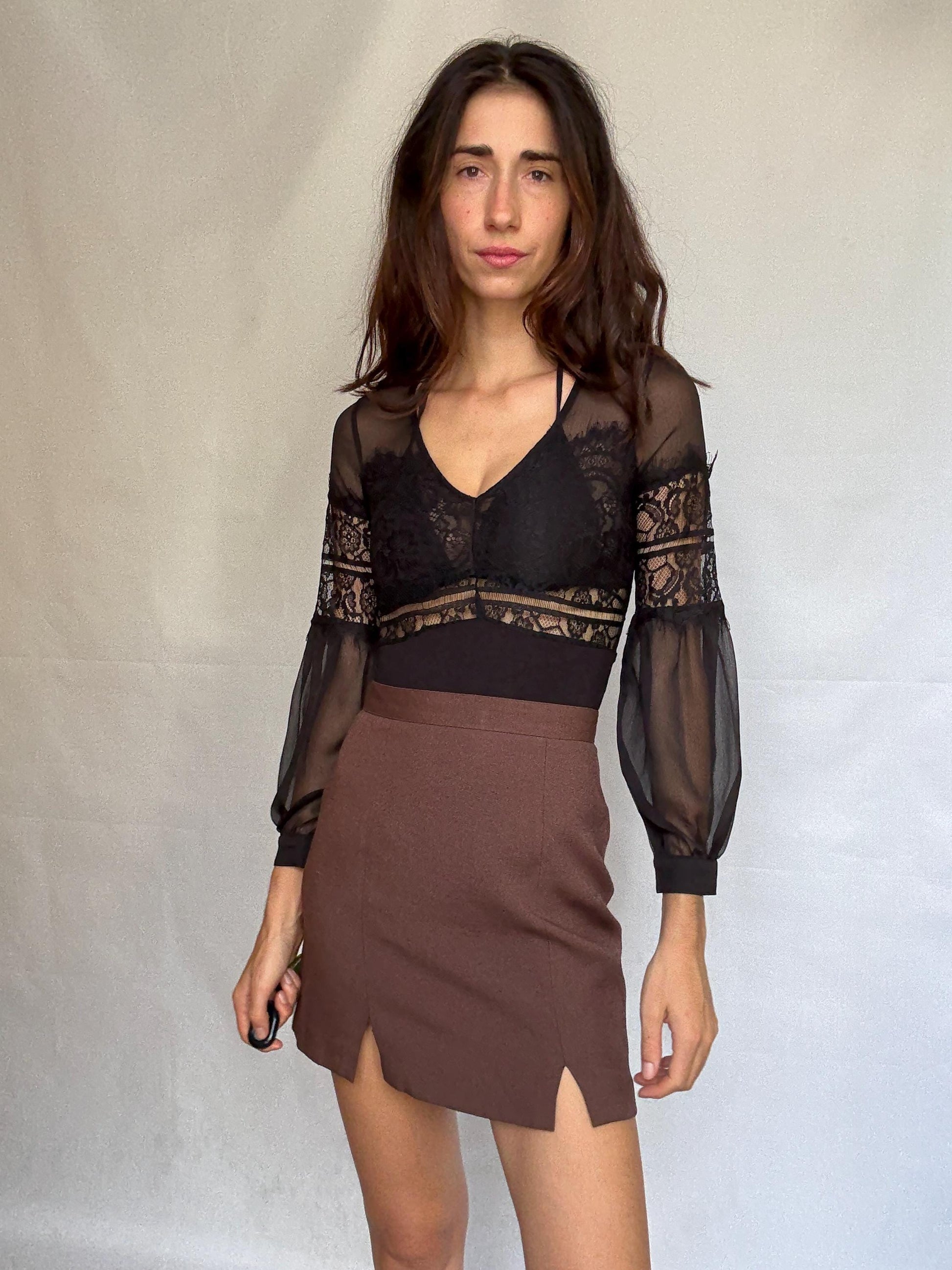 Morgan de Toi black lace bodysuit, Sexy sheer body, Elegant v- neckline see through top, , US XS, party eveningwear