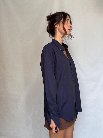 Dark Blue Classic Fit Button-Up Shirt — fabric close-up