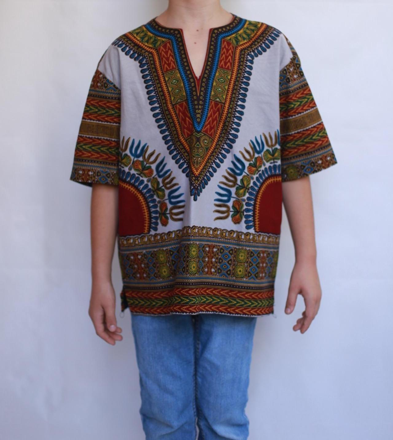 African dark green children's shirt, straight fit, classic collar, retro 90s inspired, US M (children), Dashiki pattern