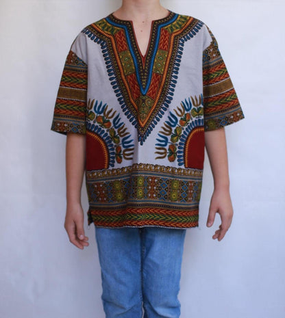 Dark Green Dashiki Pattern Kids Shirt, 90s Retro Style