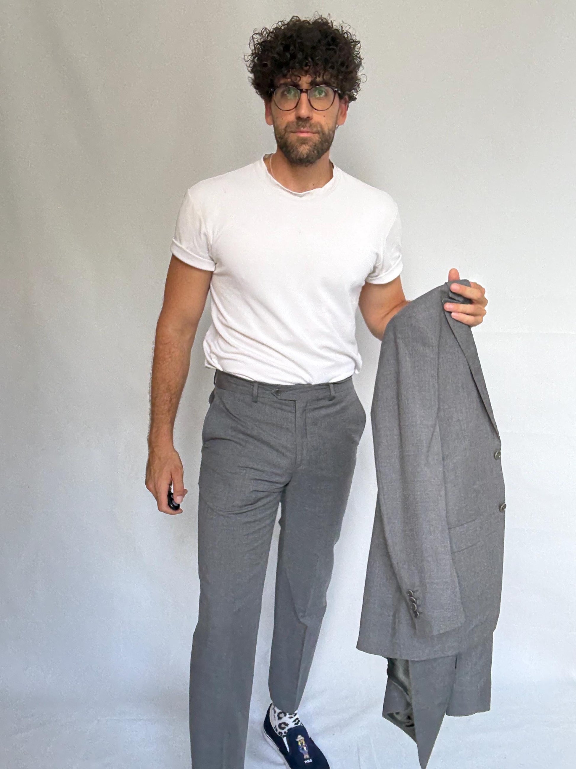 Calvin Klein gray suit, 100% wool, tailored fit, two, button blazer, slim fit trousers, minimalist elegant, US M, formal office wear