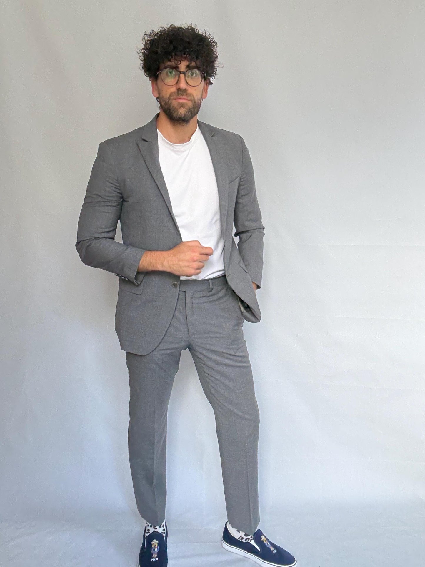 Calvin Klein gray suit, 100% wool, tailored fit, two, button blazer, slim fit trousers, minimalist elegant, US M, formal office wear