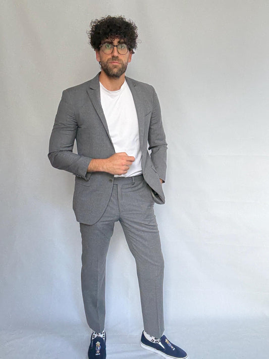 Calvin Klein gray suit, 100% wool, tailored fit, two, button blazer, slim fit trousers, minimalist elegant, US M, formal office wear