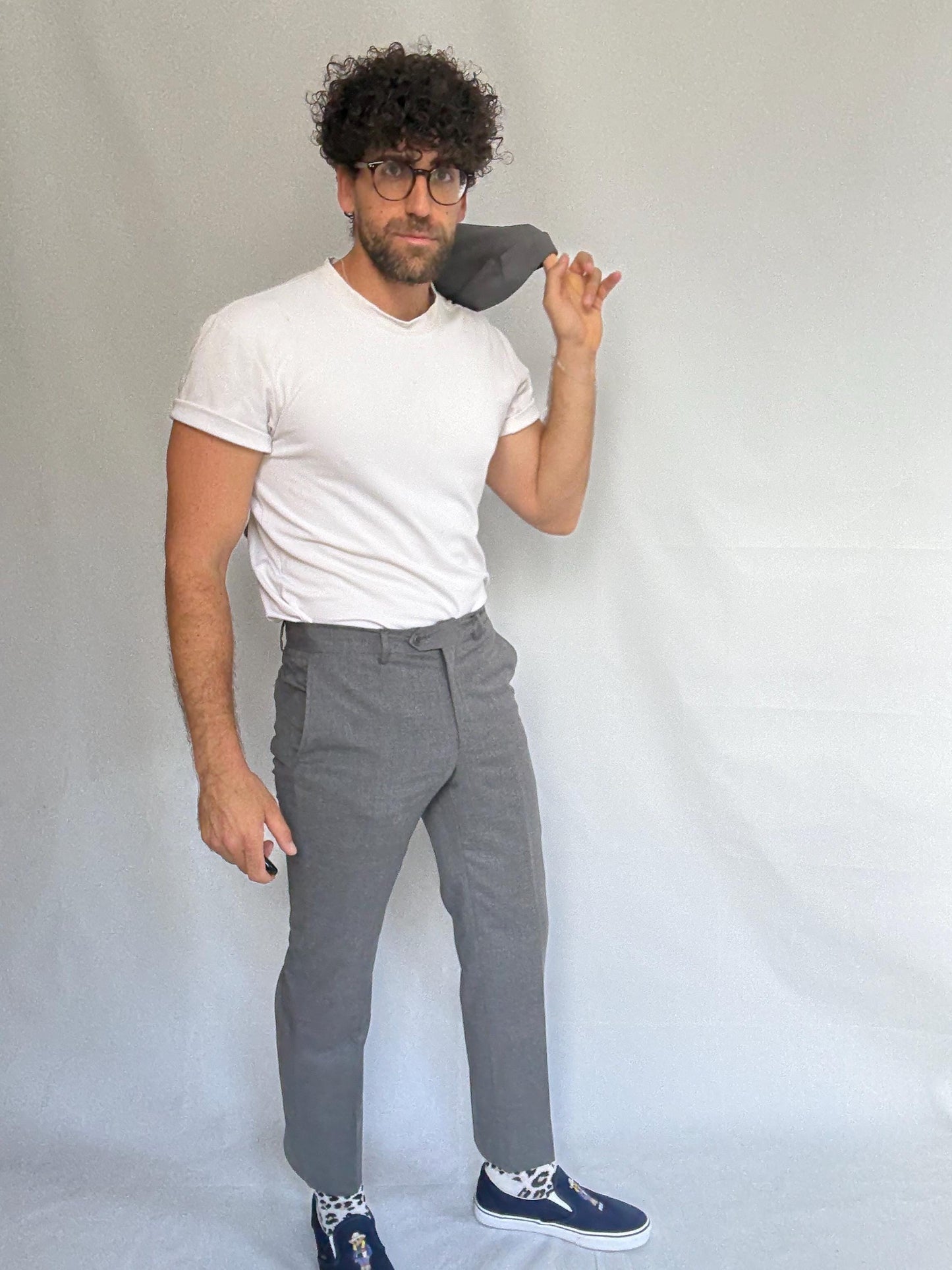 Calvin Klein gray suit, 100% wool, tailored fit, two, button blazer, slim fit trousers, minimalist elegant, US M, formal office wear