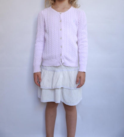 Polo Ralph Lauren light pink sweater, classic fit, cable knit texture, casual feminine, US 6 kids, versatile wear