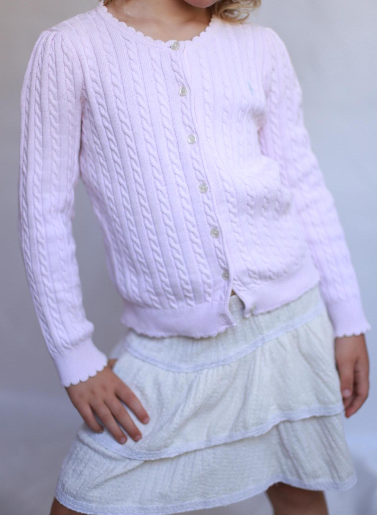 Polo Ralph Lauren light pink sweater, classic fit, cable knit texture, casual feminine, US 6 kids, versatile wear